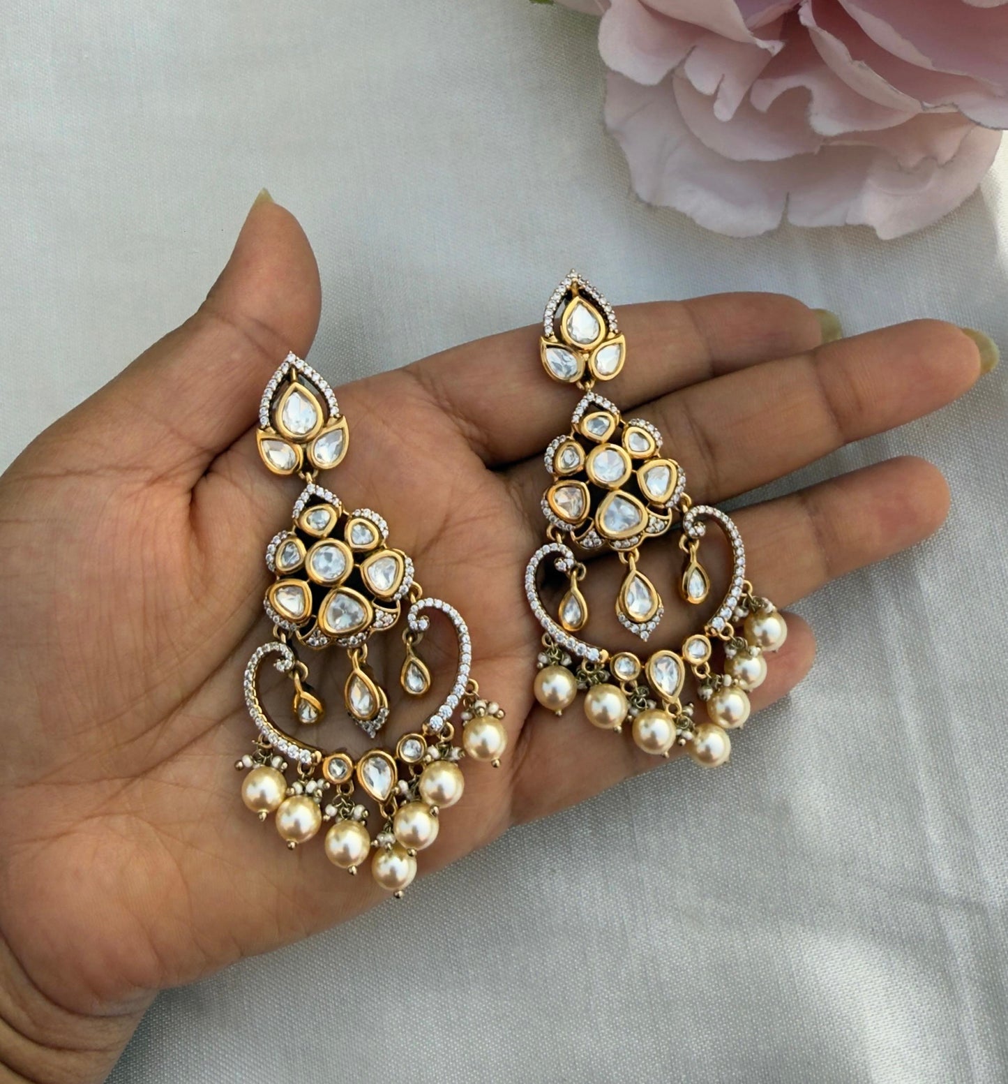 Polki kundan moissanite flower pearl chandbalis 3