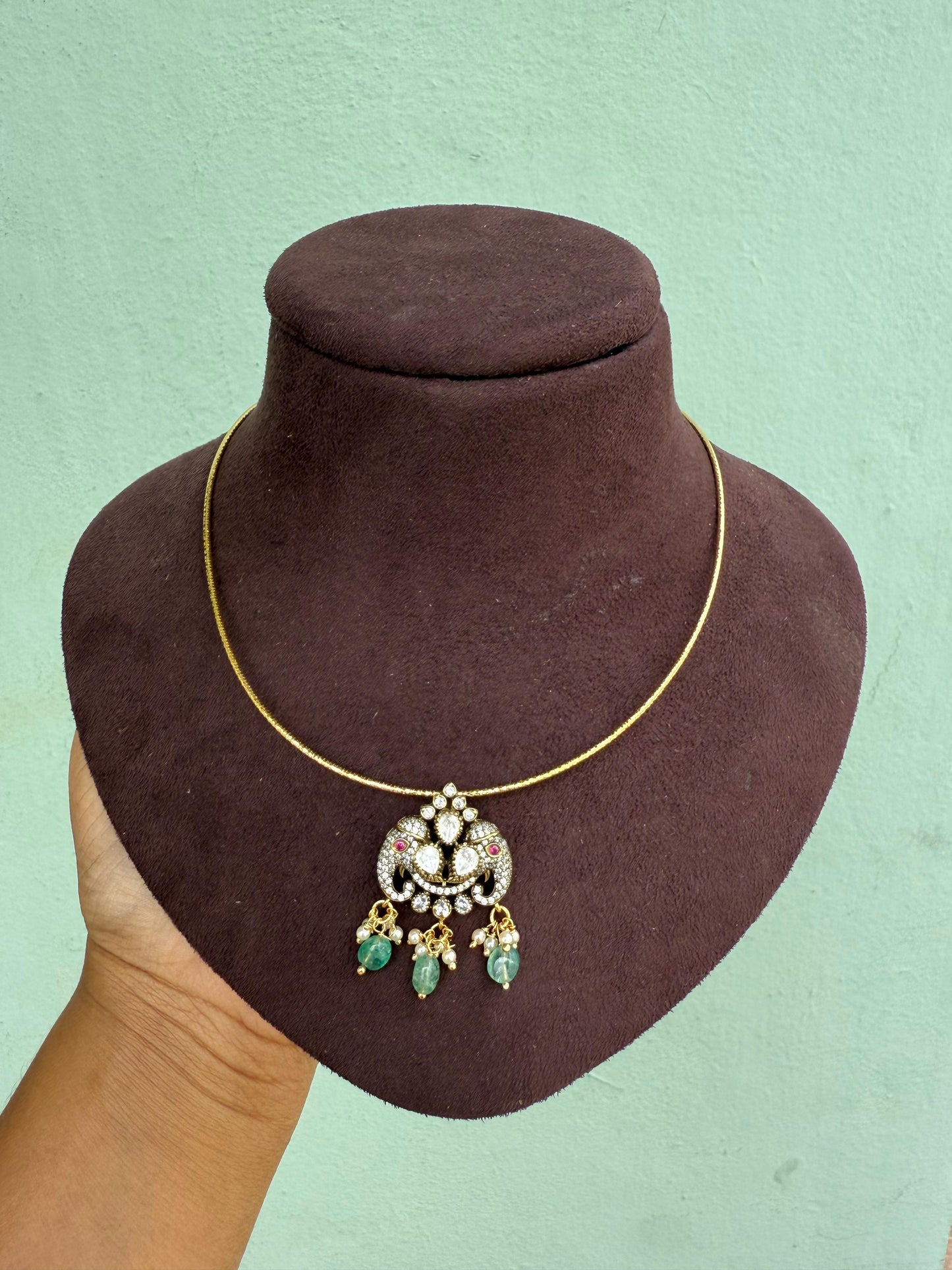 Victorian polish affordable dual elephant Moissanite locket/necklace
