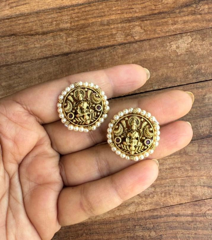 Pearl antique round lakshmi devi studs