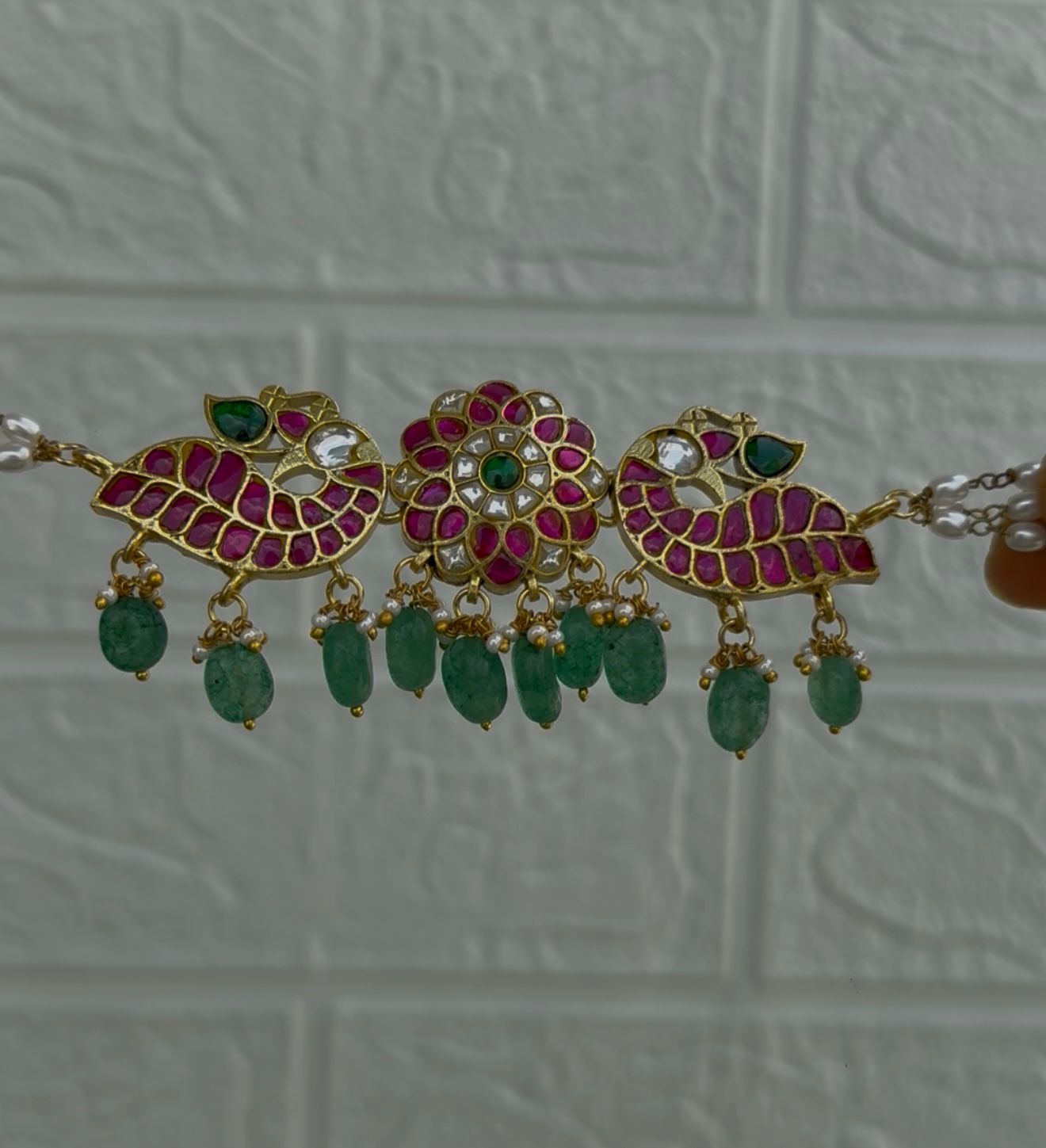 Dual peacock flower real kundan rice pearl choker