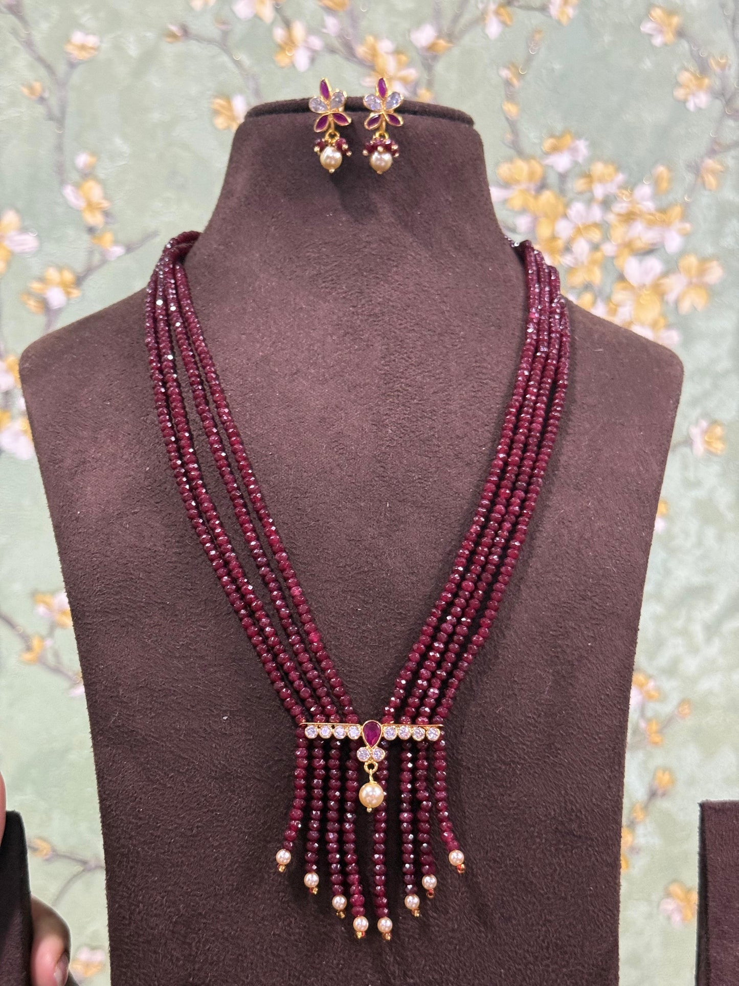 Four layered V shape designer beads necklace with uncut diamonds