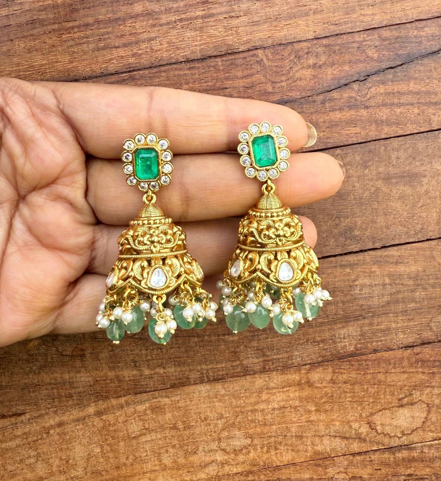 Green stone antique flower cone jhumkas 5