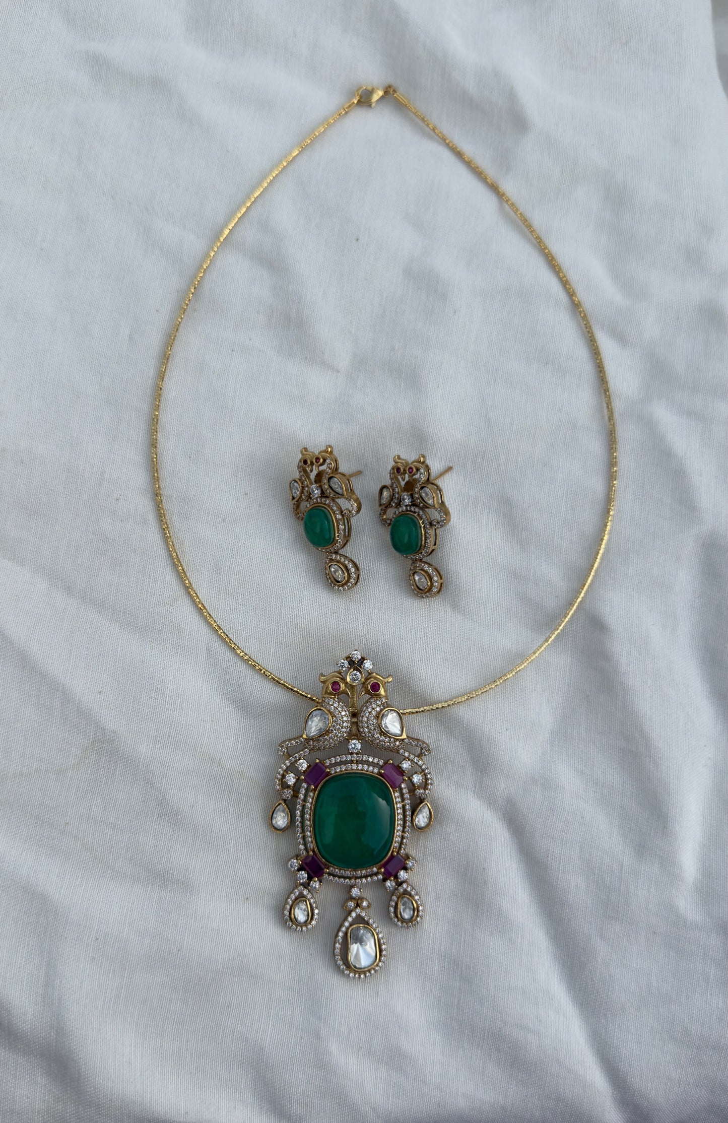 Dual peacock moissanite doublet stone locket with earrings