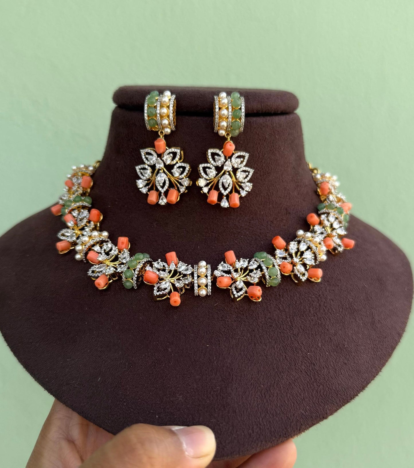 Fusion pastel coral green diamond finish pearl necklace