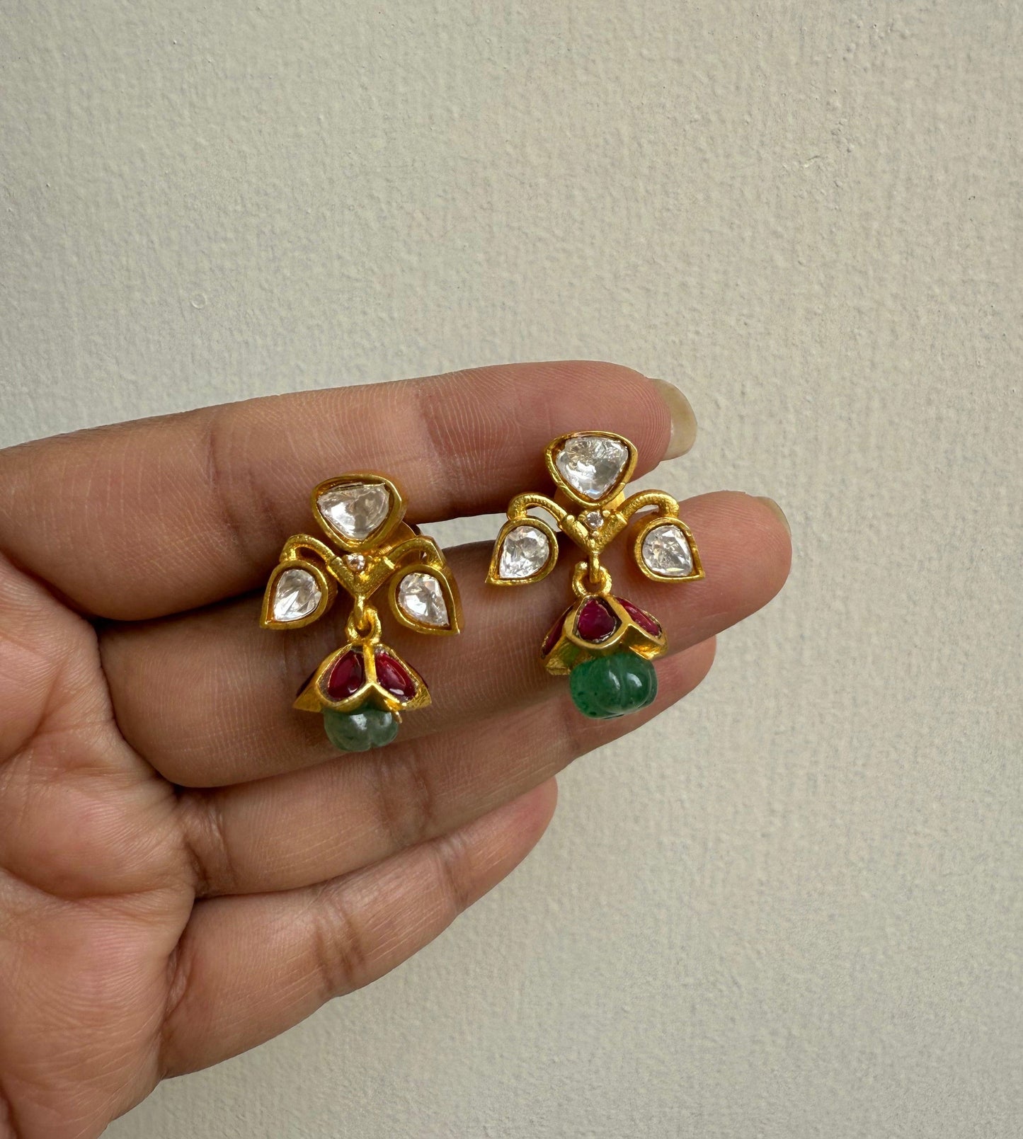 Three stone moissanite real kundan single pumpkin bead cute jhumkas