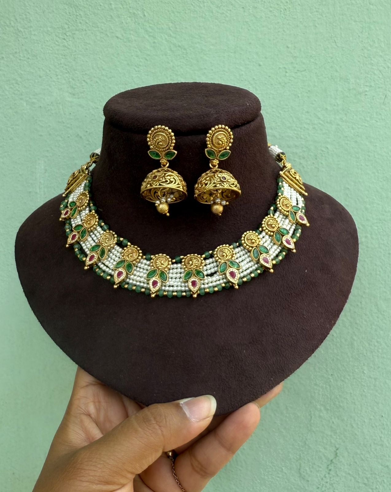 Heavy pearl lockets embossed choker and long necklace