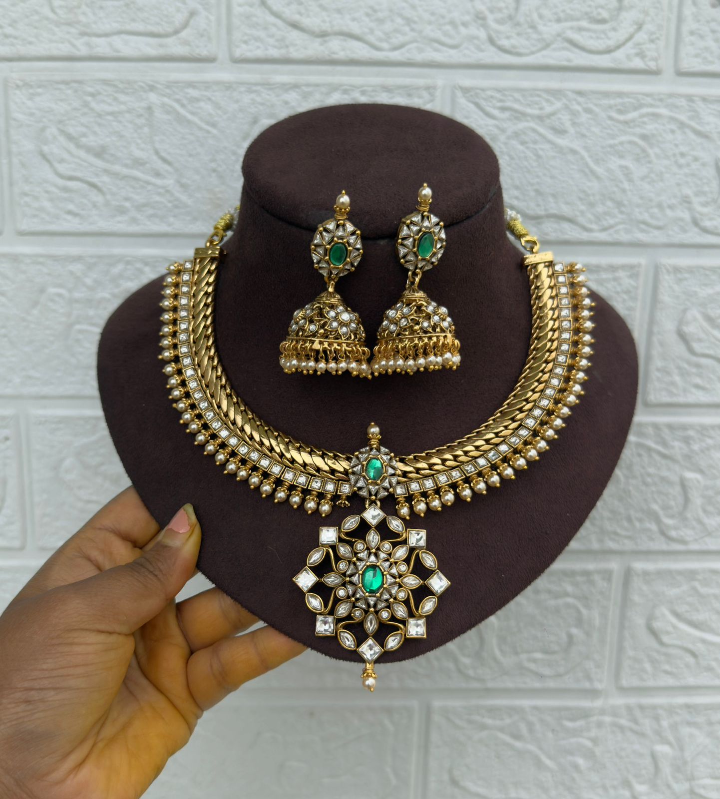 Trending white real kundan necklace with jhumkas