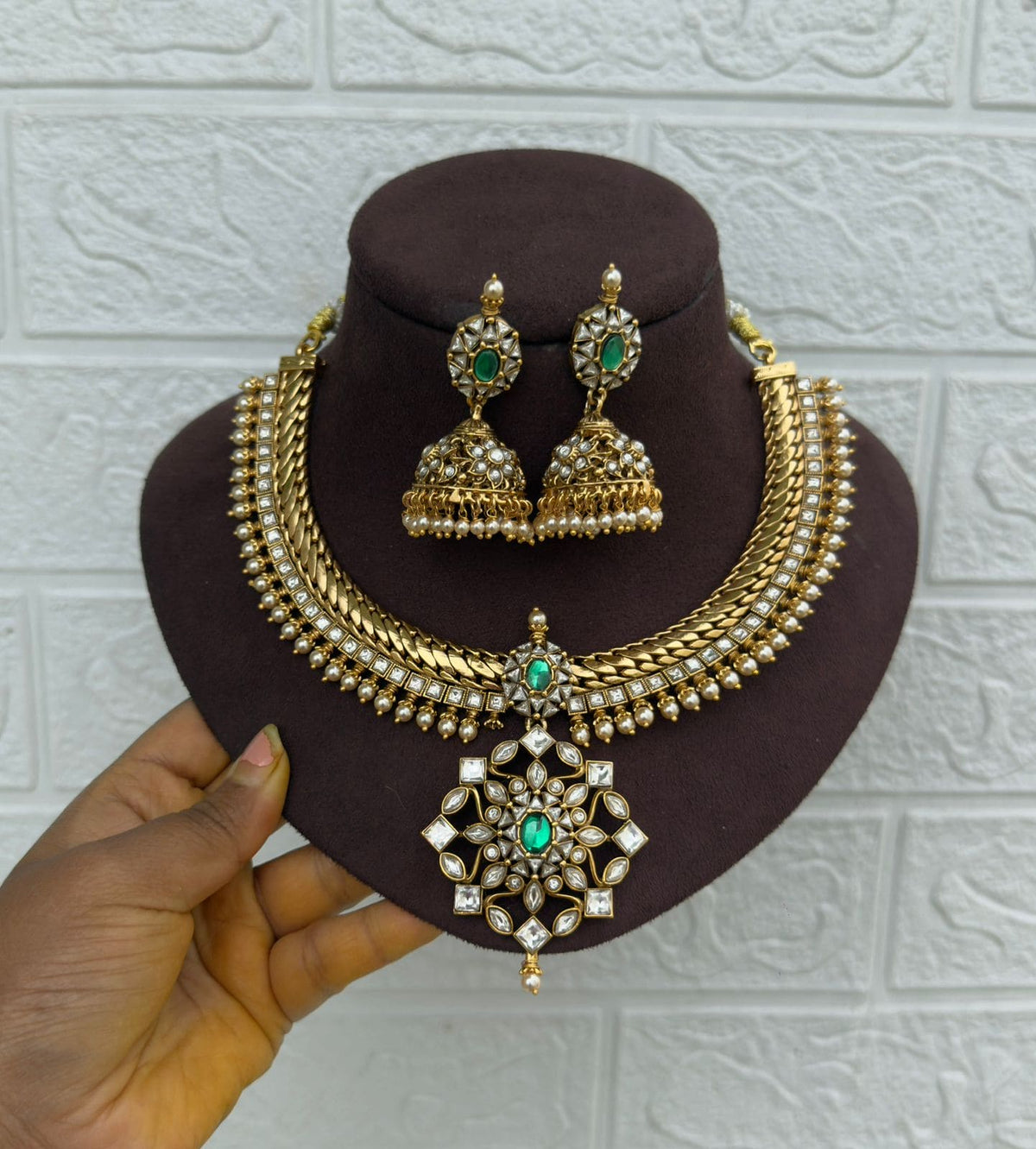 Trending white real kundan necklace with jhumkas