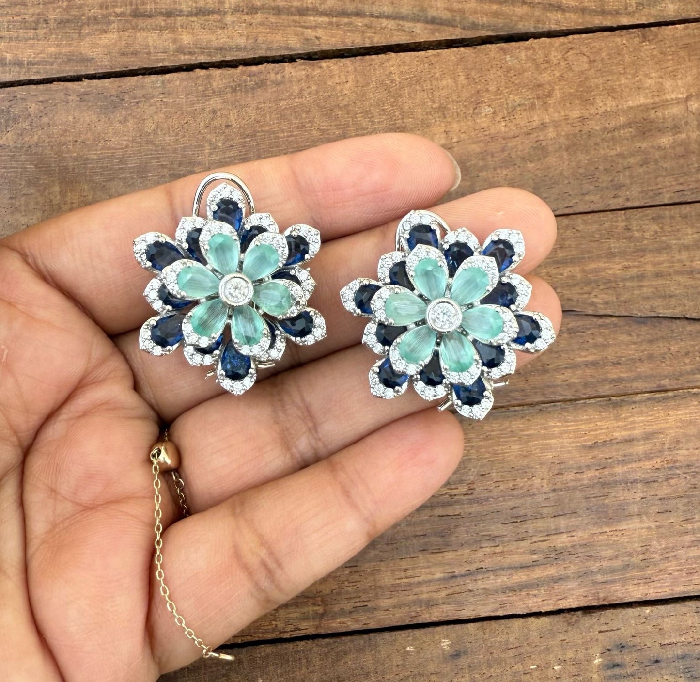 2 in 1 changeable dual shaded flower zircon cocktail studs