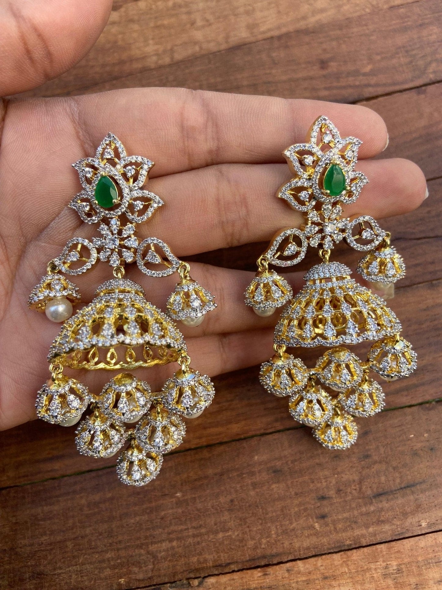 Designer diamond finish green six jhumkas - Alluring Accessories