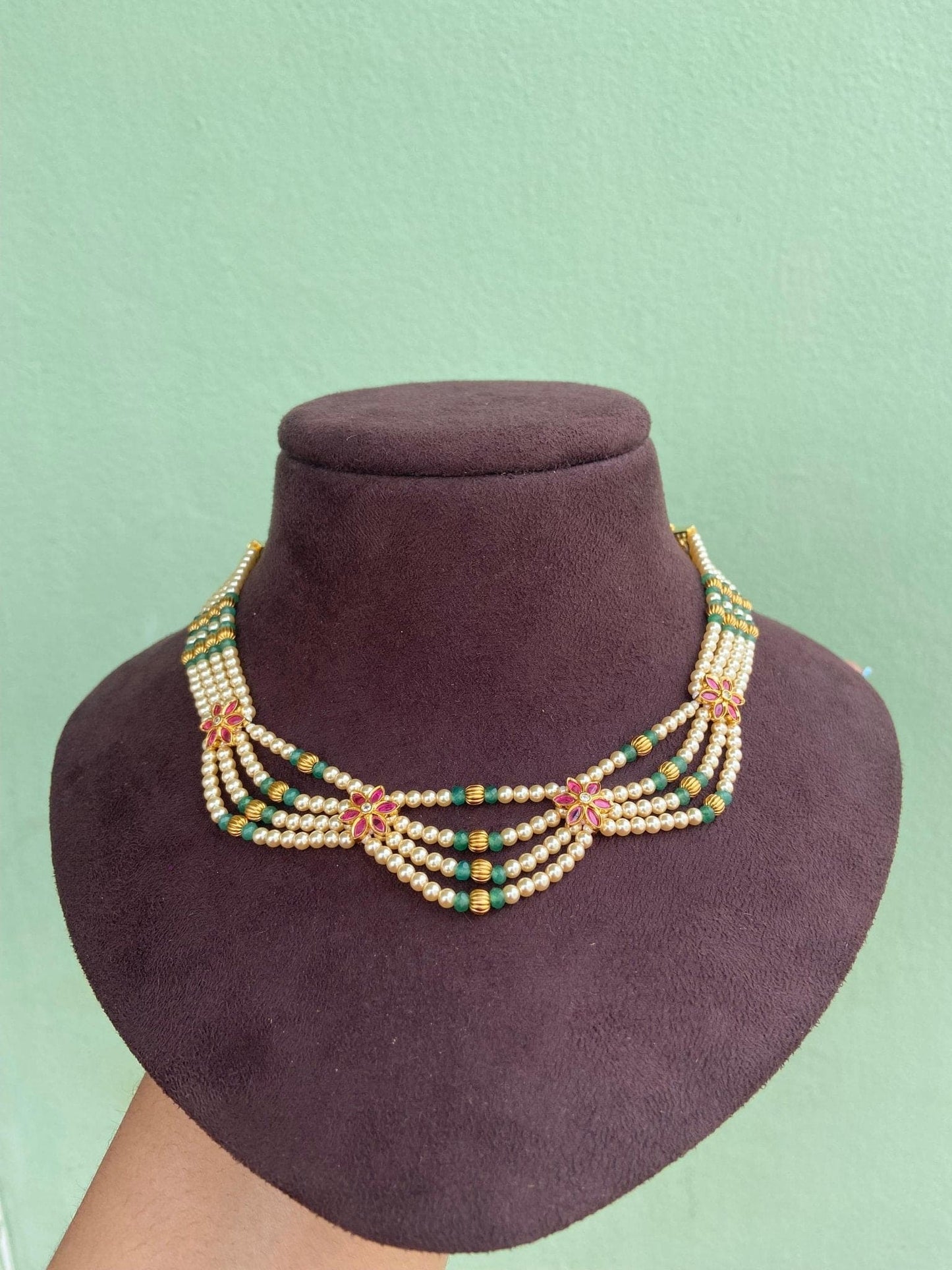 Designer four layered pearl flower necklace - Alluring Accessories