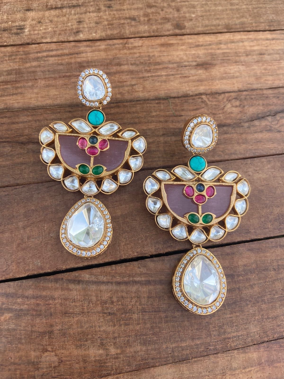 Diya style pearl drop pink green real Kundan earrings design5 - Alluring Accessories