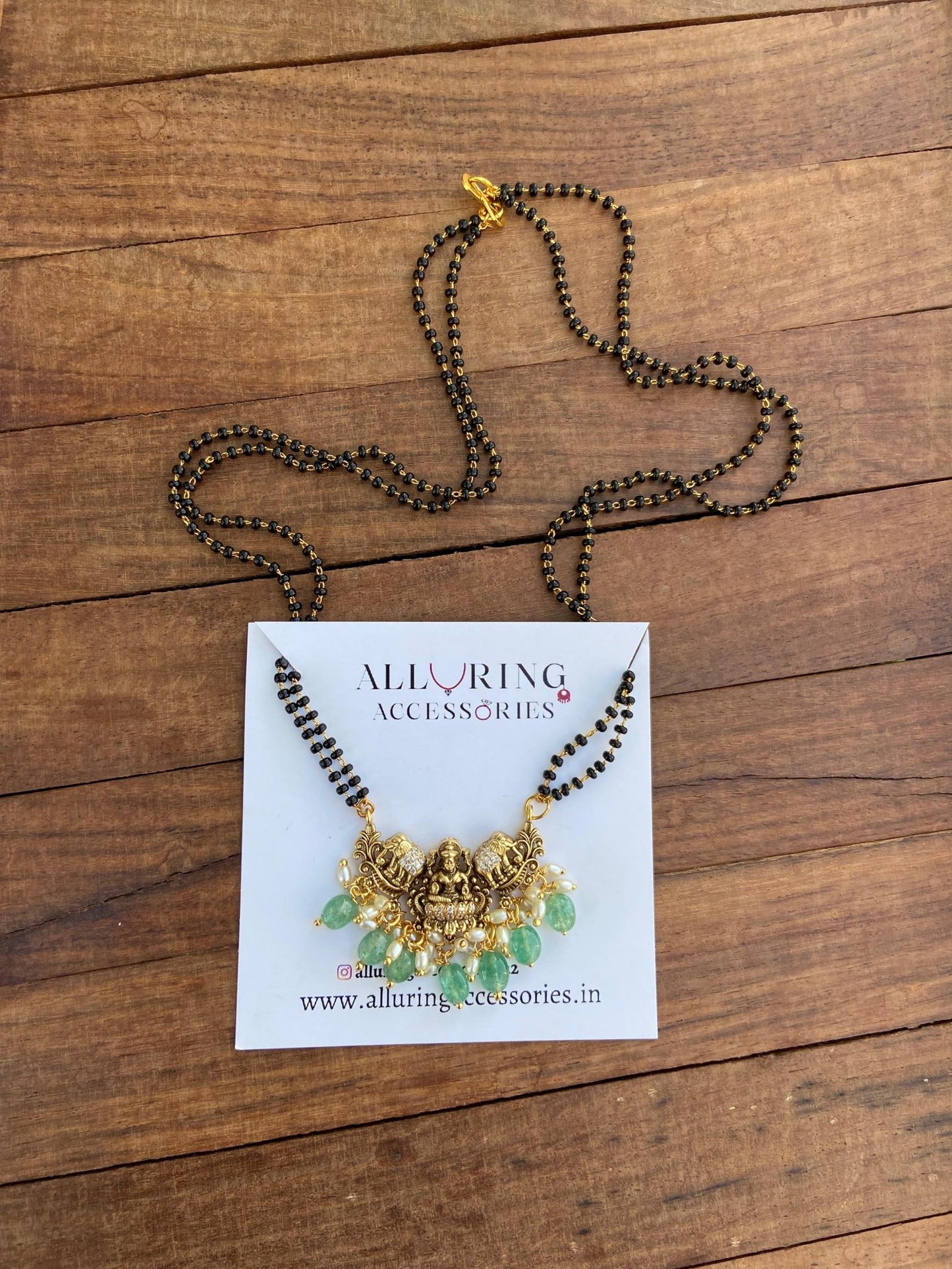 Dual elephant Lakshmi Devi green black beads necklace - Alluring Accessories