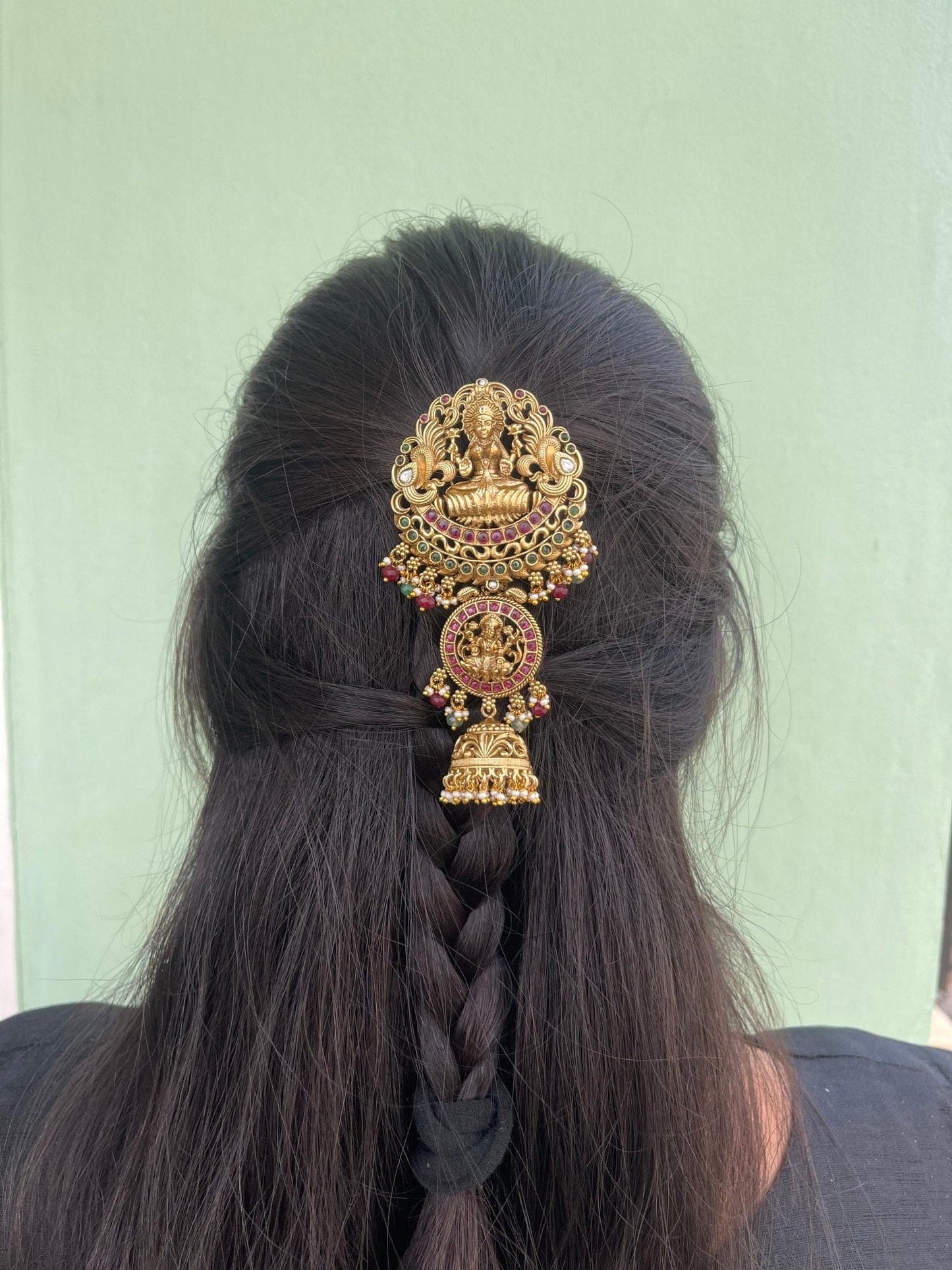 Dual peacock lakshmi devi antique finish hair pin - Alluring Accessories