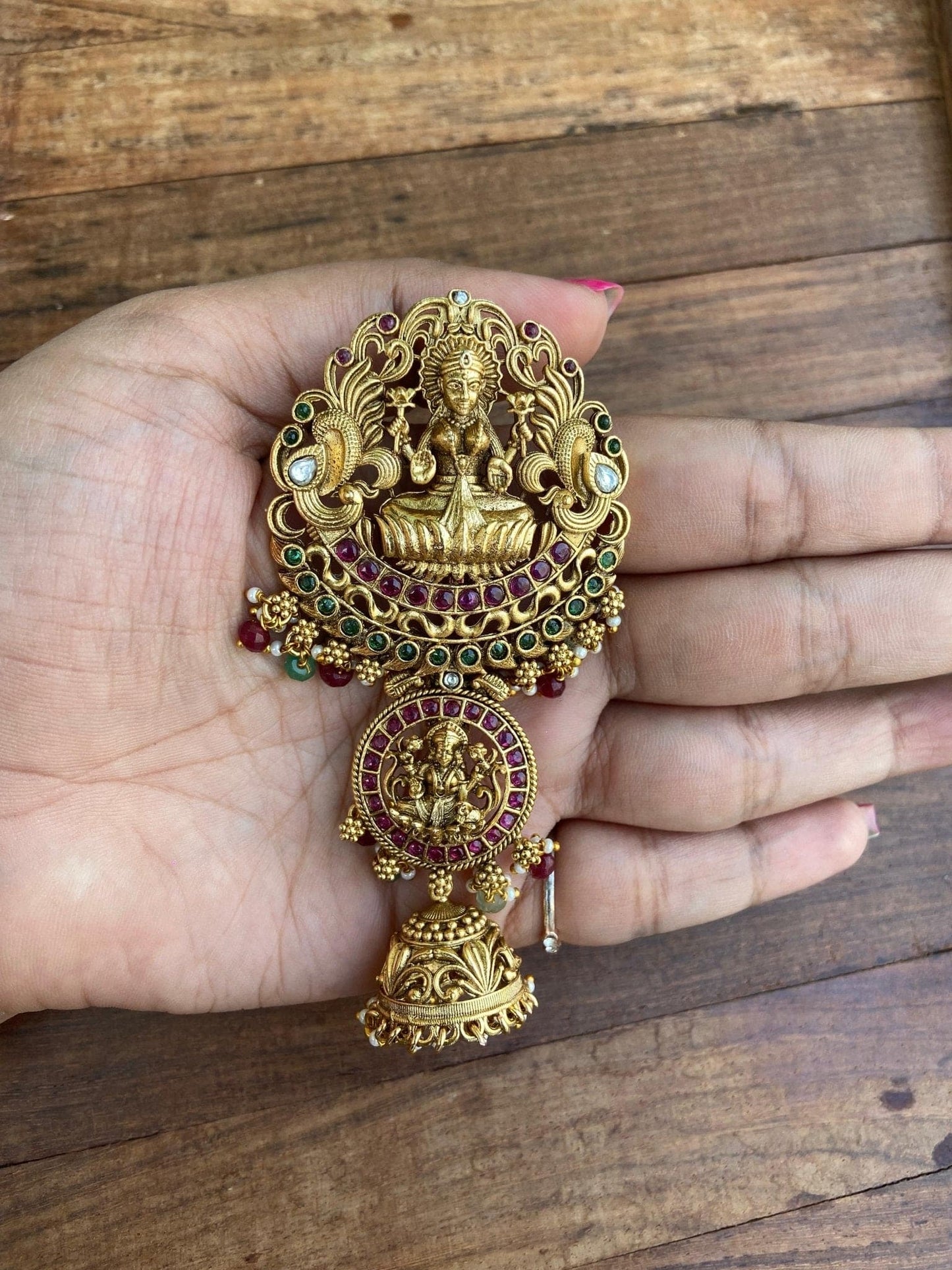 Dual peacock lakshmi devi antique finish hair pin - Alluring Accessories