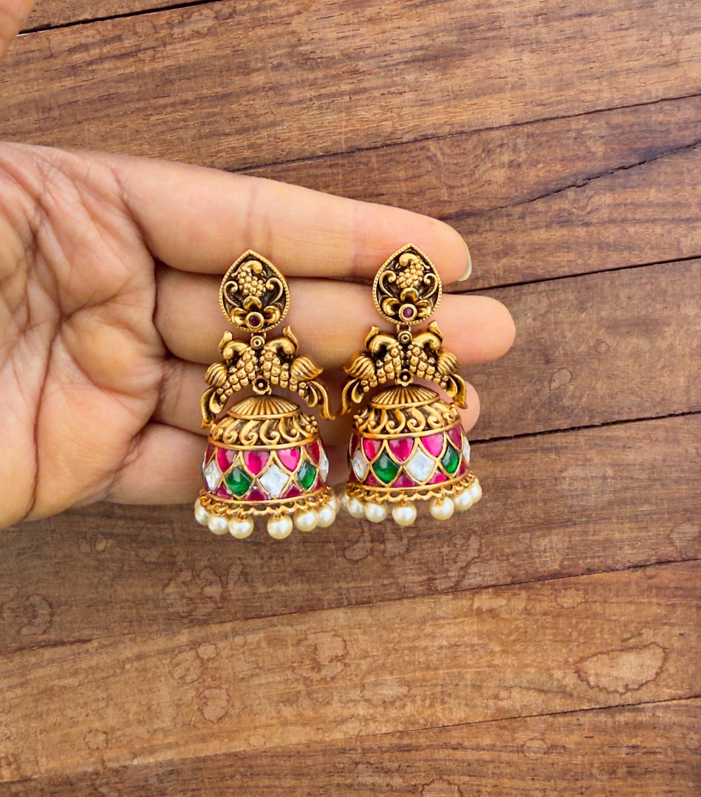Antique dual peacock real kundan jhumkas 5