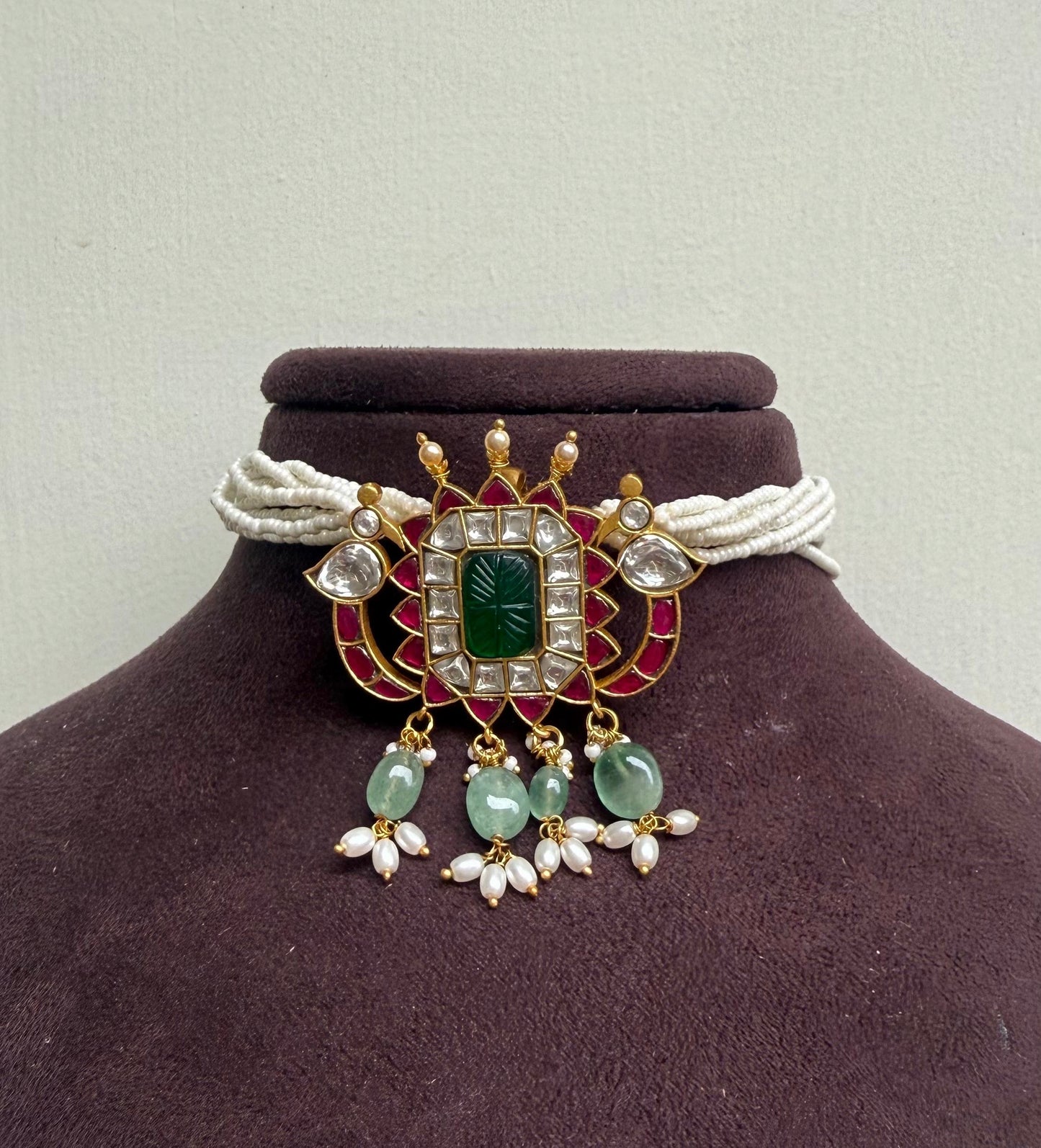 2 in 1 flower engraved dual parrot real kundan choker / necklace