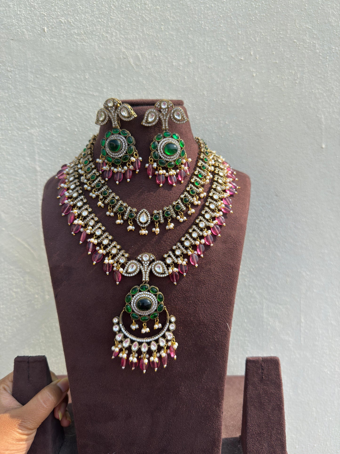 Two layered royal unique chandbali victorian flower necklace with earrings