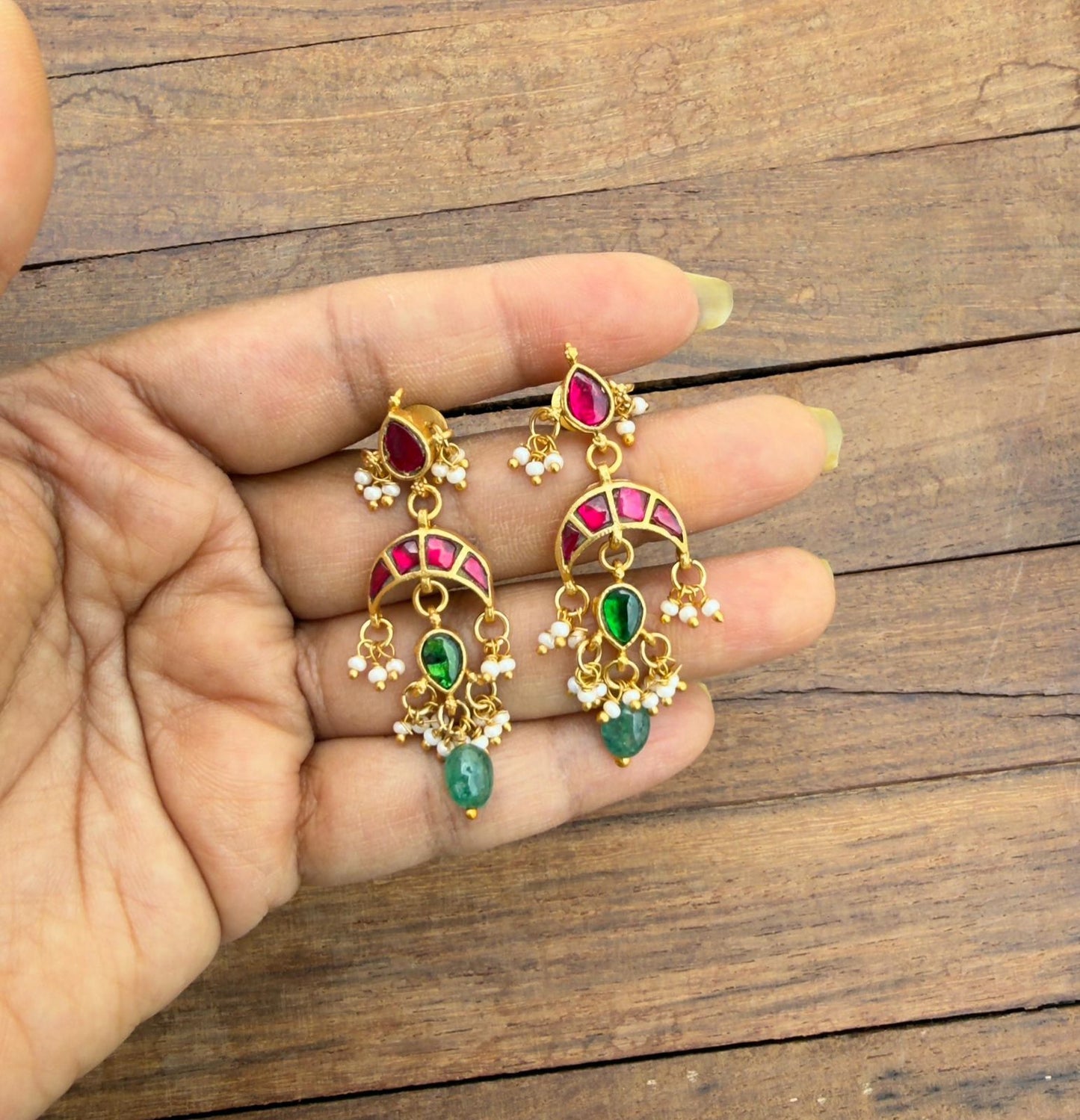 Real kundan dailywear chandbali pearl drop multi earrings