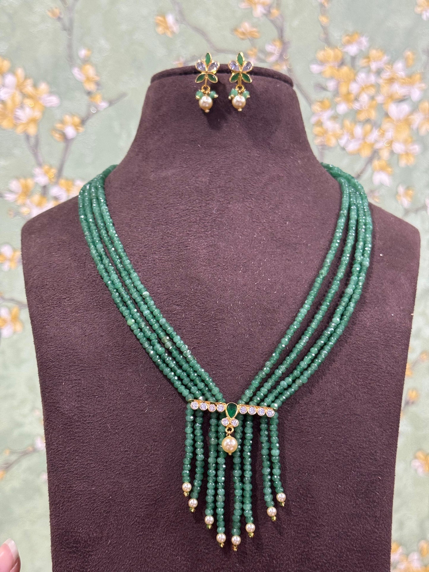 Four layered V shape designer beads necklace with uncut diamonds
