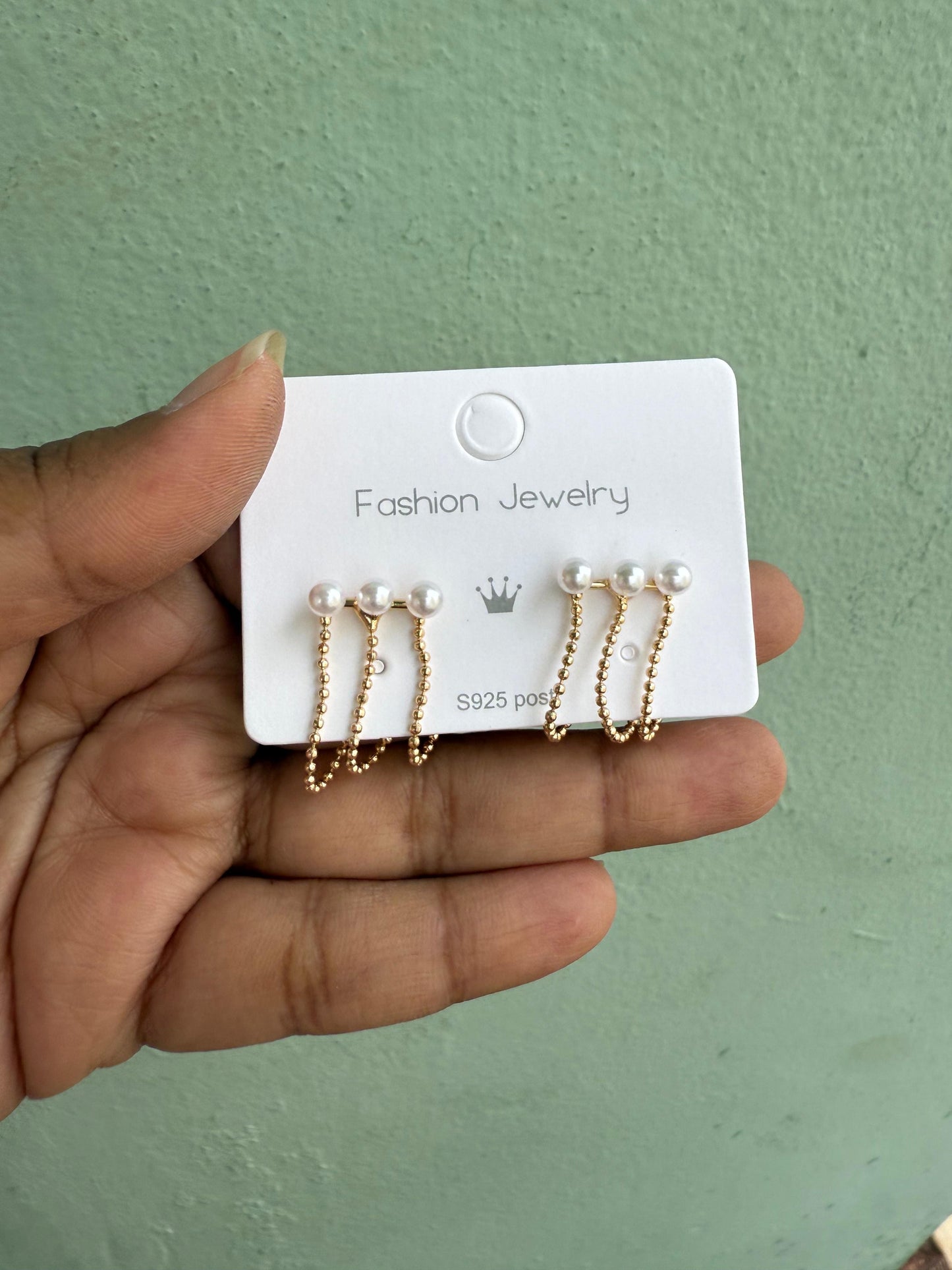 Sterling silver stylish three pearl hanging earrings