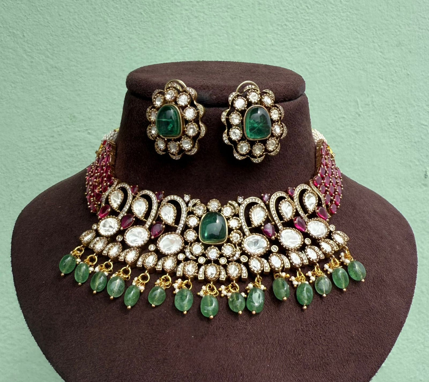 Designer heavy look peacock moissanite choker with earrings
