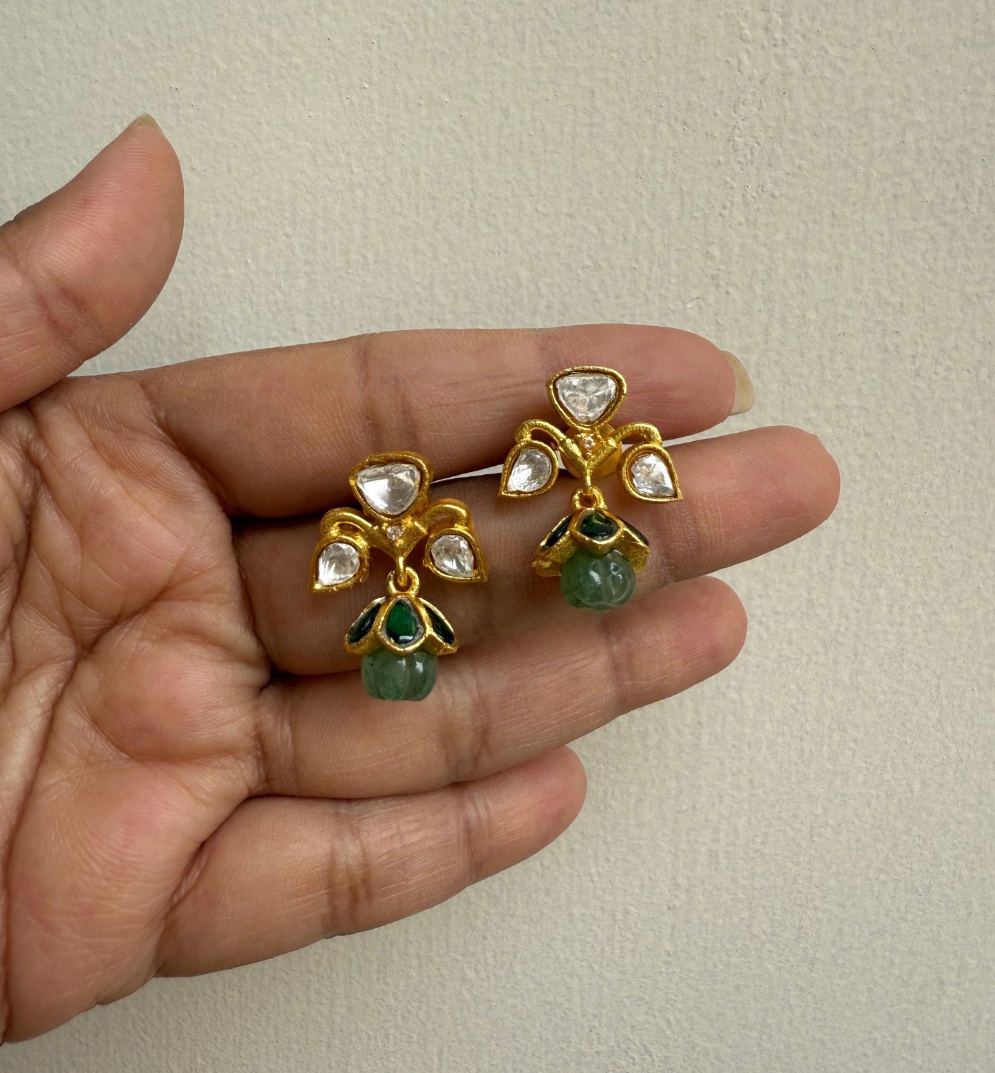 Three stone moissanite real kundan single pumpkin bead cute jhumkas