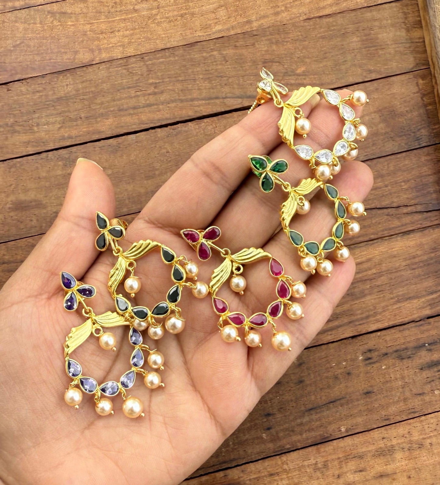 Three stone detachable gold replica chandbalis