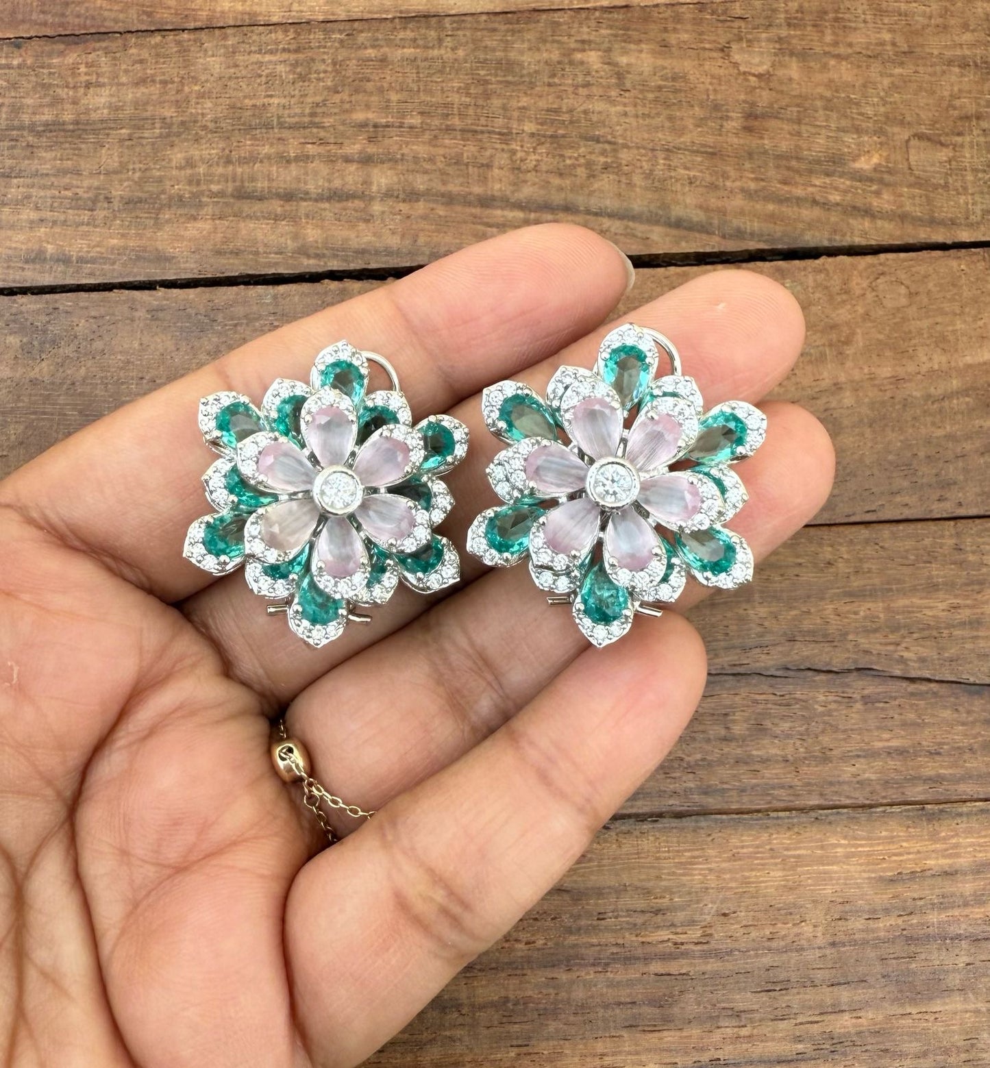2 in 1 changeable dual shaded flower zircon cocktail studs