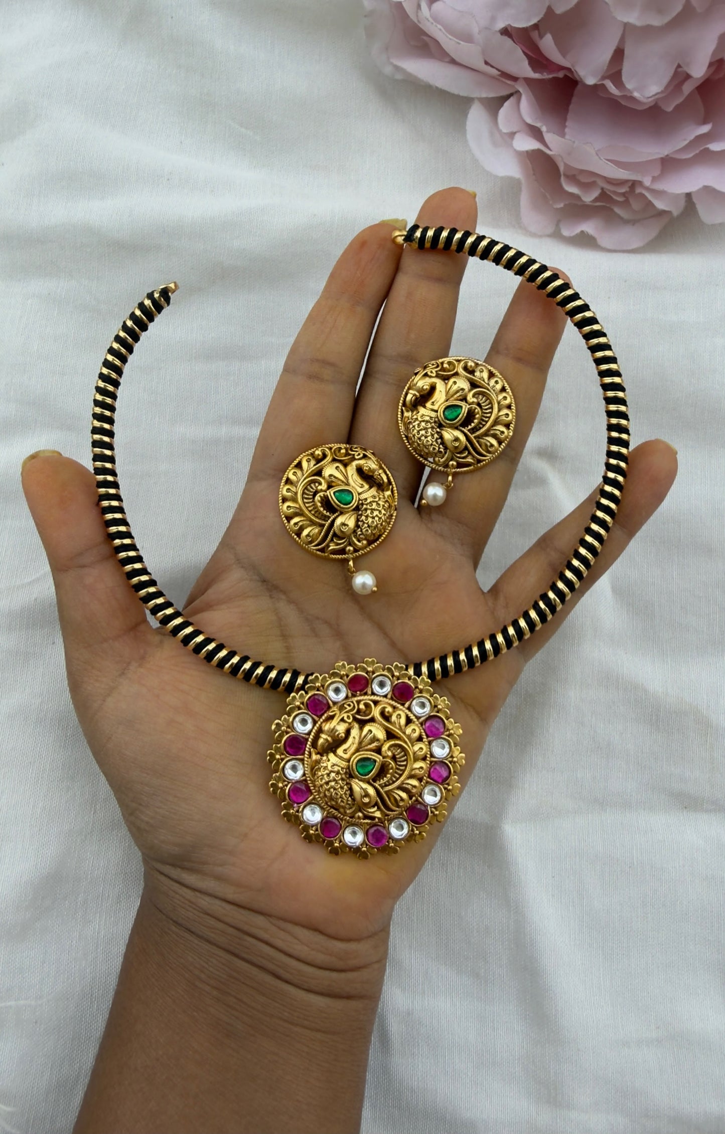 Peacock gold look alike real kundan locket combo