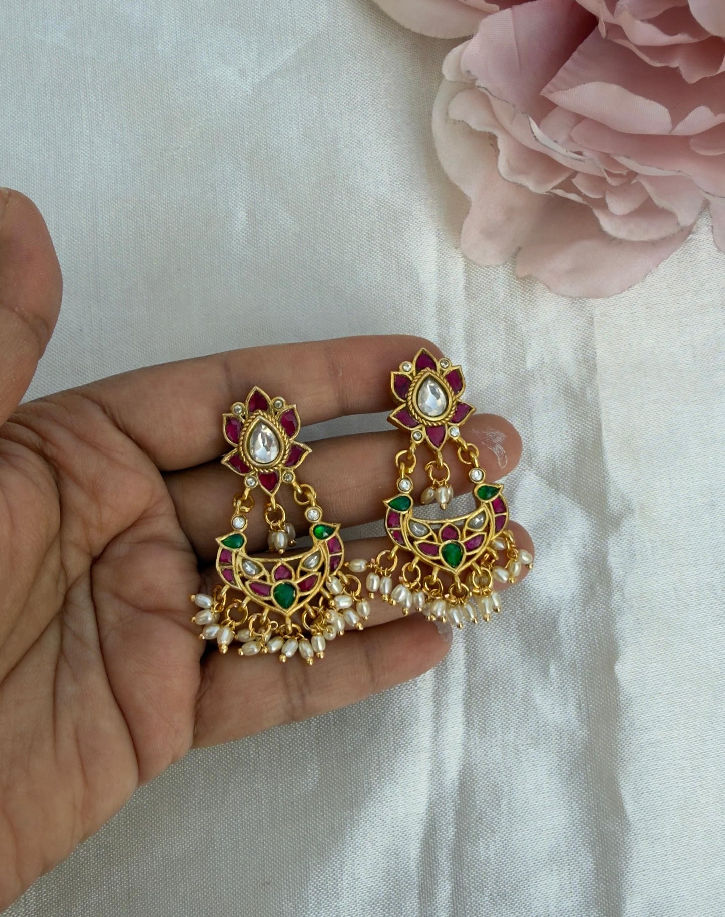 Designer rice pearl chandbali hanging earrings 5