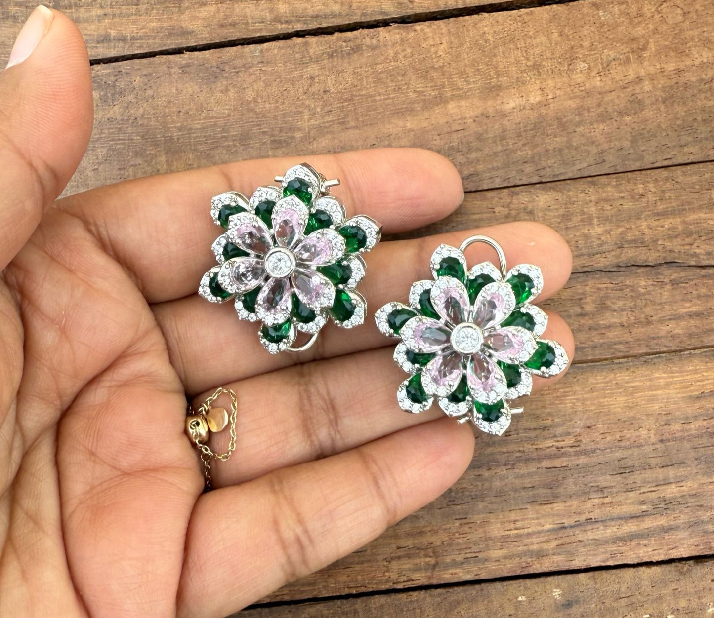 2 in 1 changeable dual shaded flower zircon cocktail studs