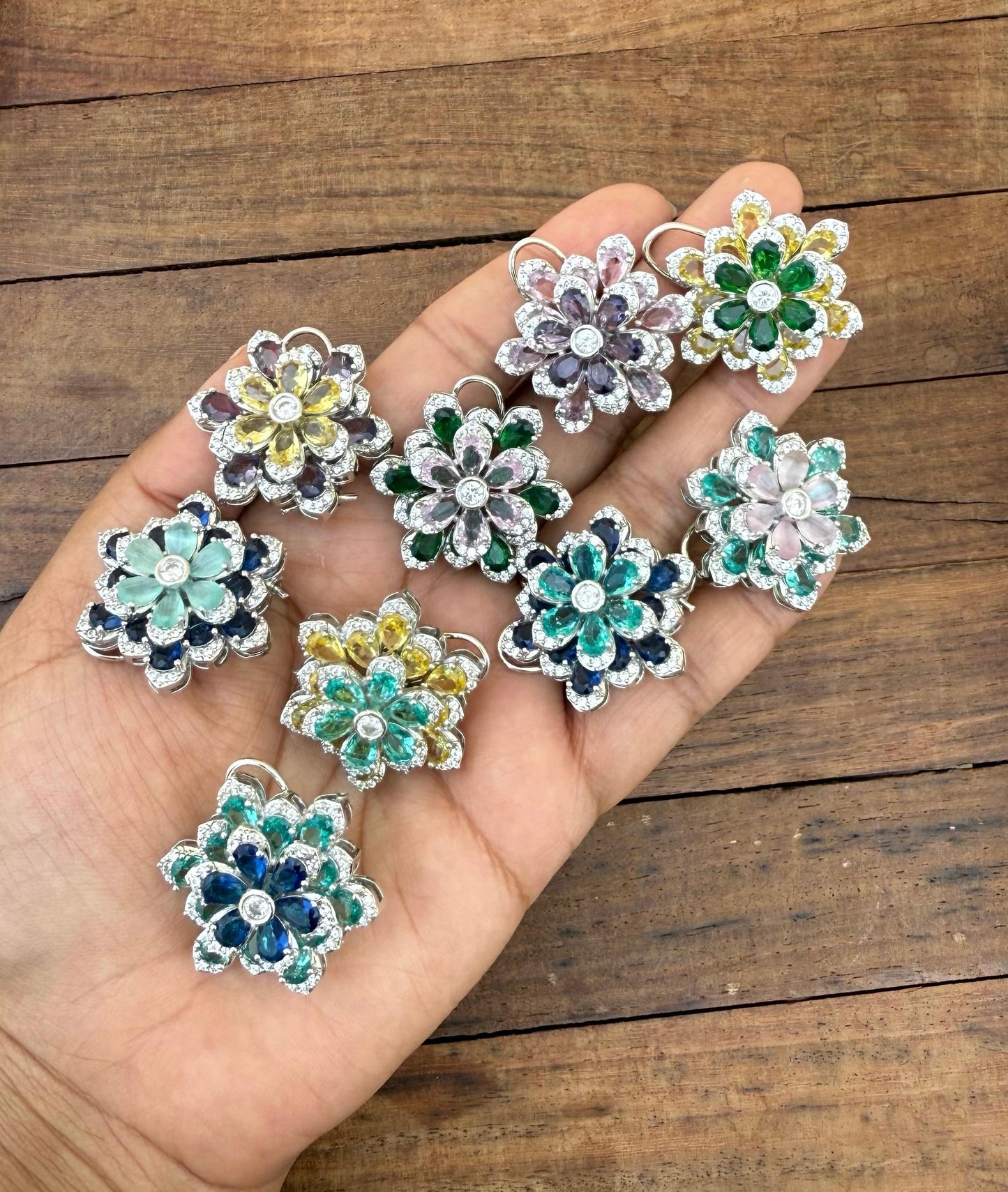 2 in 1 changeable dual shaded flower zircon cocktail studs