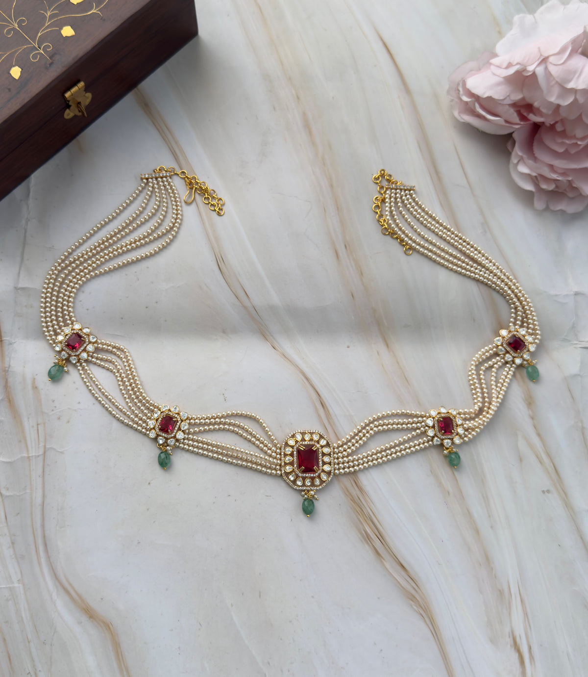 Six layered swaroski Pearl Moissanite Red stone Hipbelt