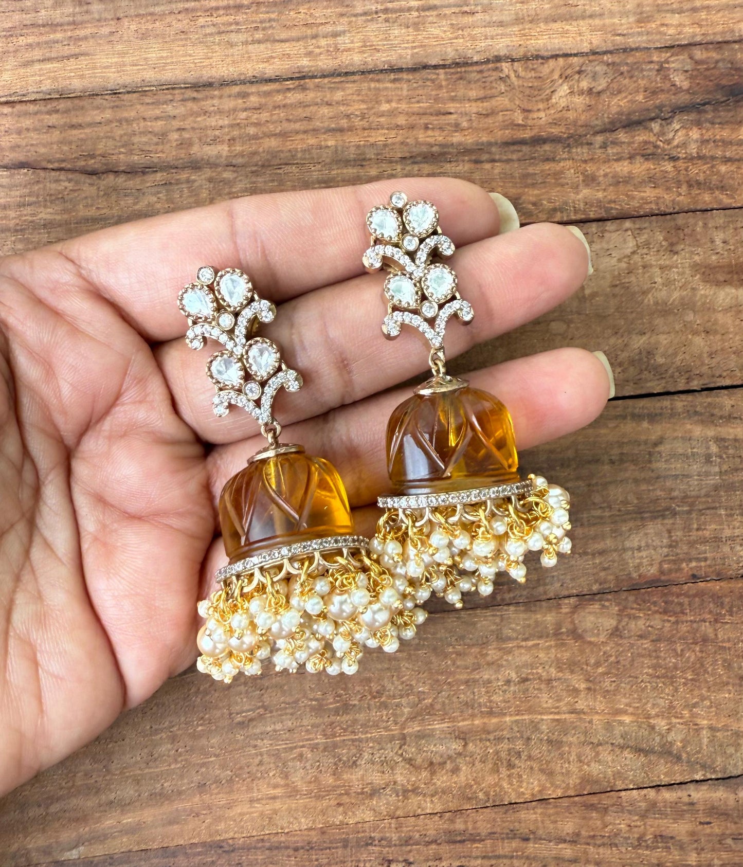 Rosegold flower embossed double layered pearl hanging jhumkas