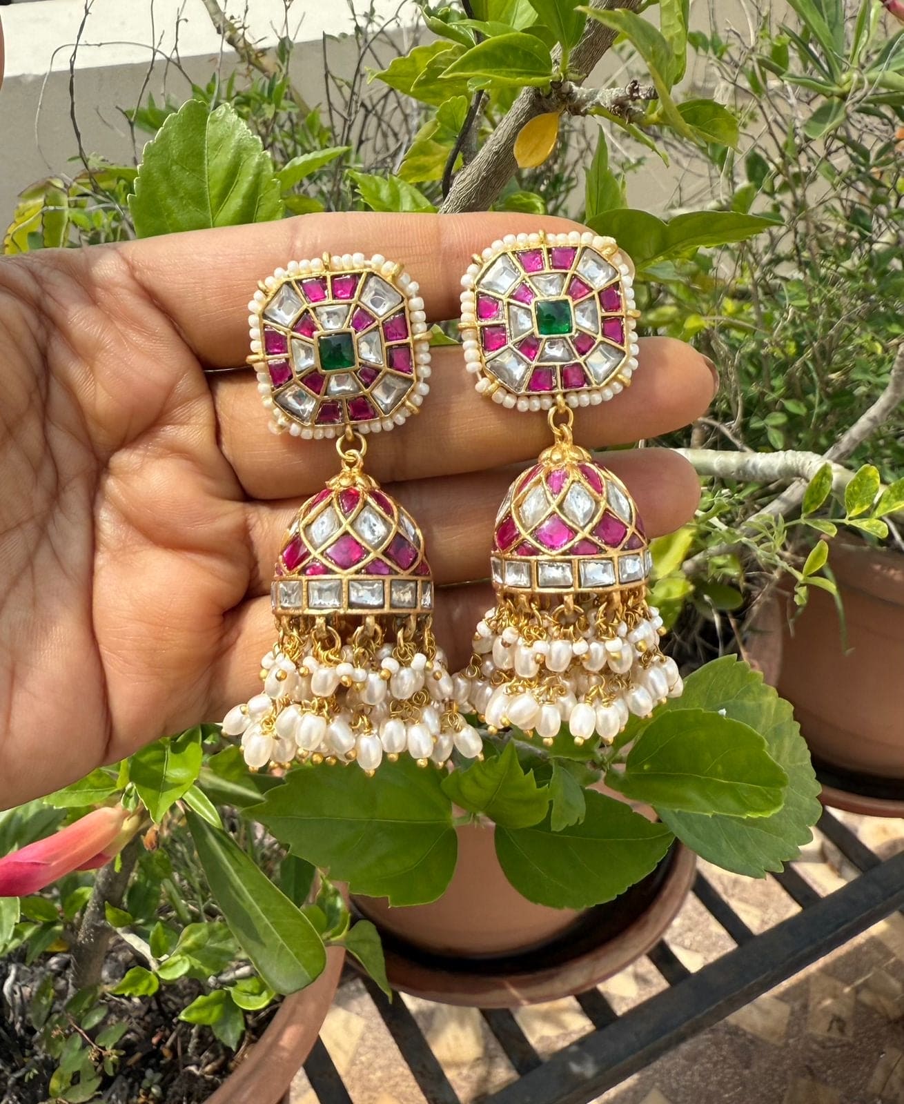 Square pearl two layered rice pearl real Kundan jhumkas
