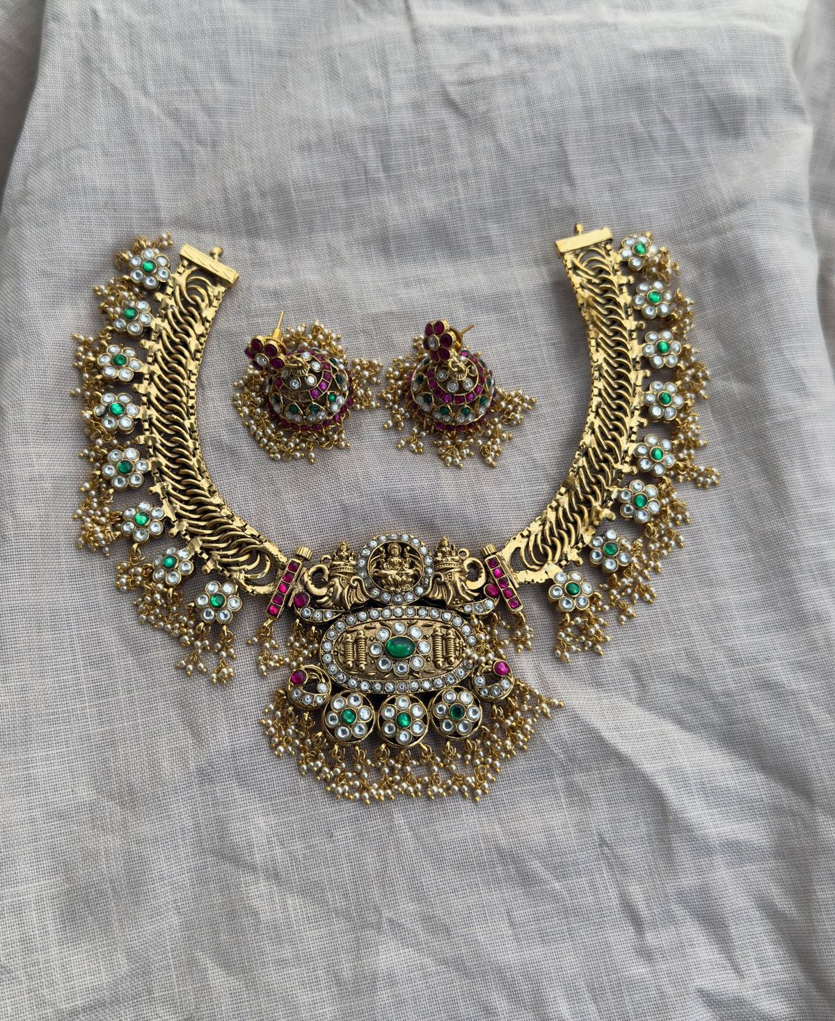 4 in 1 real kundan jalebi lakshmi heavy necklace with jhumkas