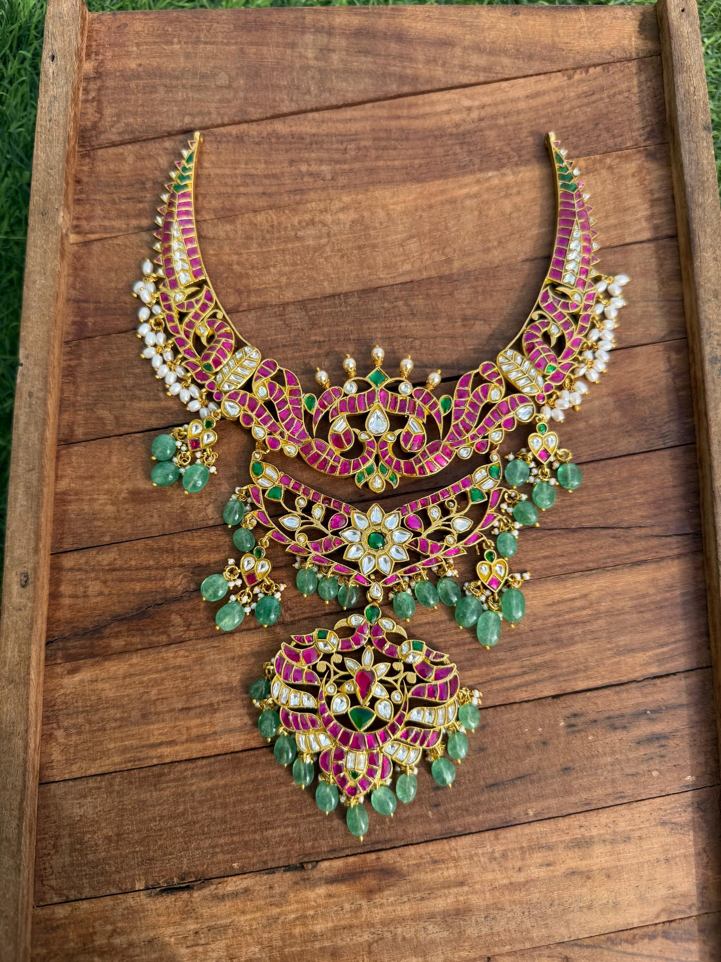 Three layered heavy real kundan long peacock trending necklace