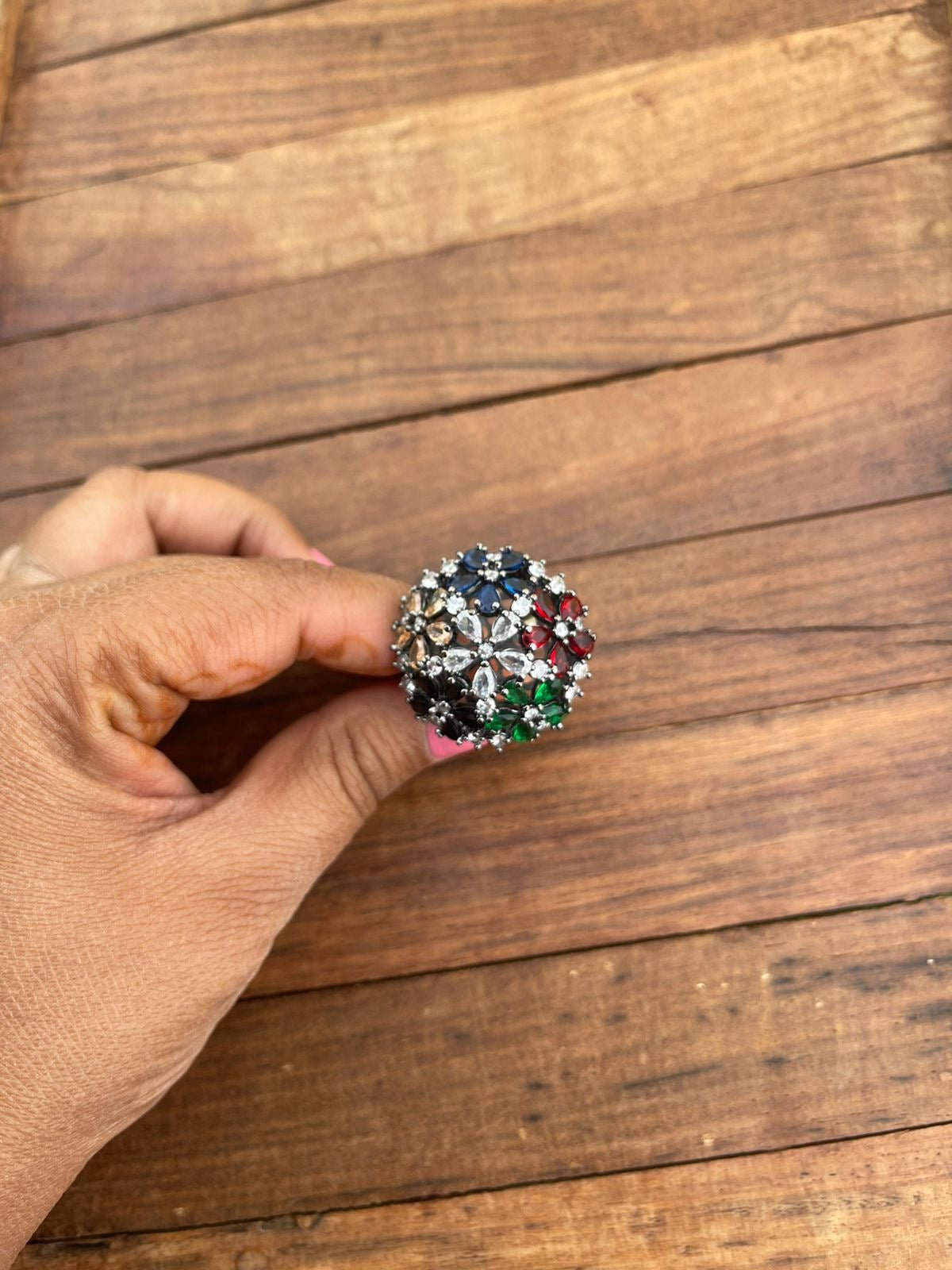Flower embossed multi colour AD stone finger ring - Alluring Accessories