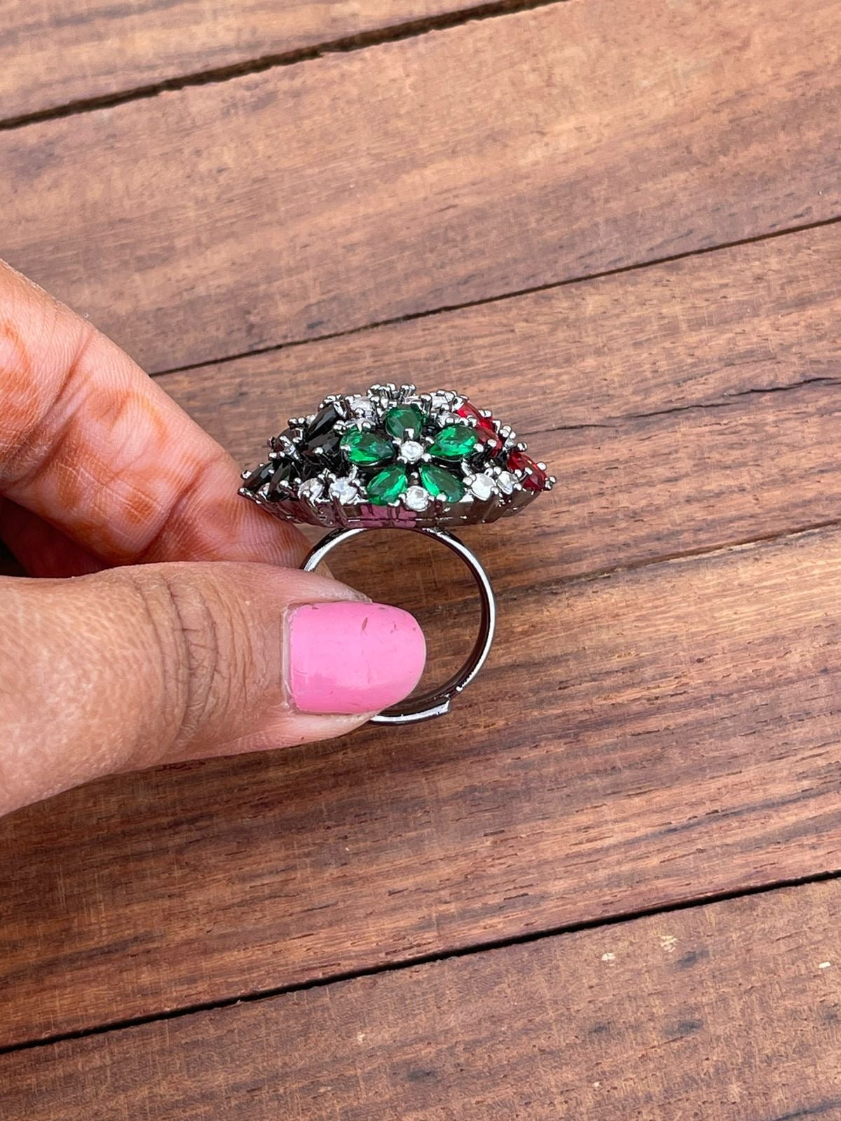 Flower embossed multi colour AD stone finger ring - Alluring Accessories