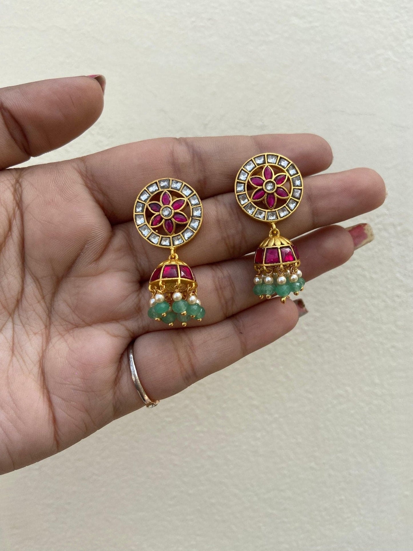 Flower round cute small multi real kundan jhumkas - Alluring Accessories