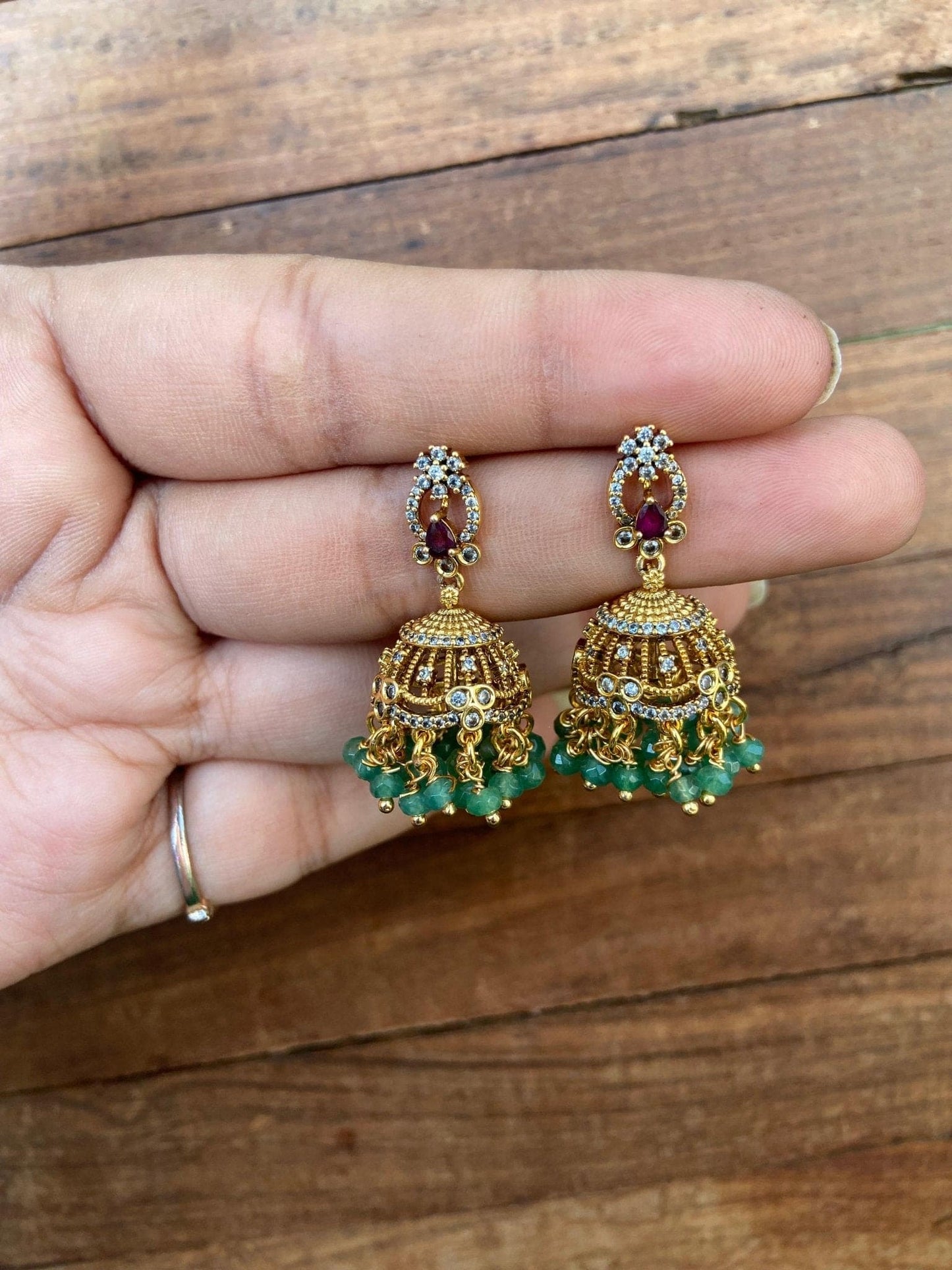 Flower ruby green pearl Chitti jhumkas - Alluring Accessories