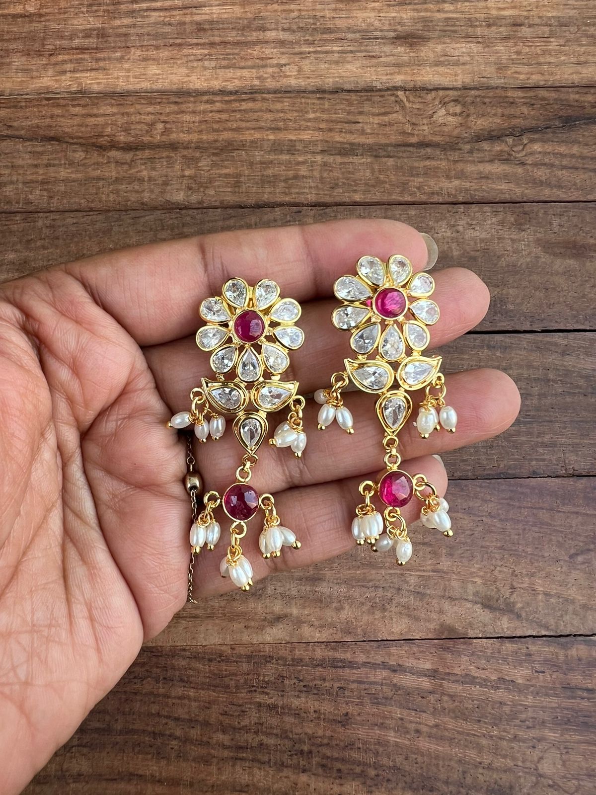 Flower uncut diamond rice pearl earrings design2 - Alluring Accessories