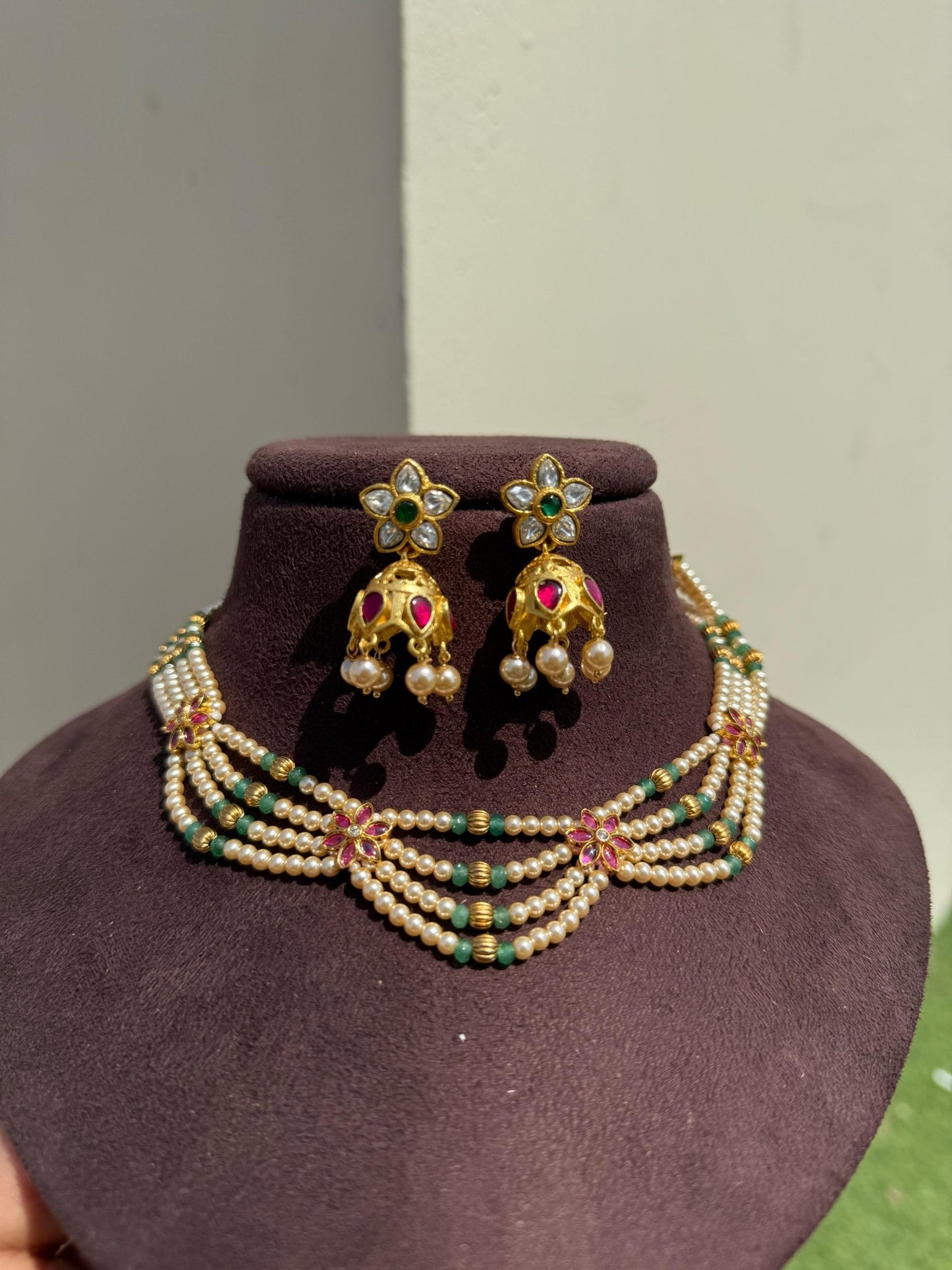 Four layered real kundan necklace with jhumkas - Alluring Accessories