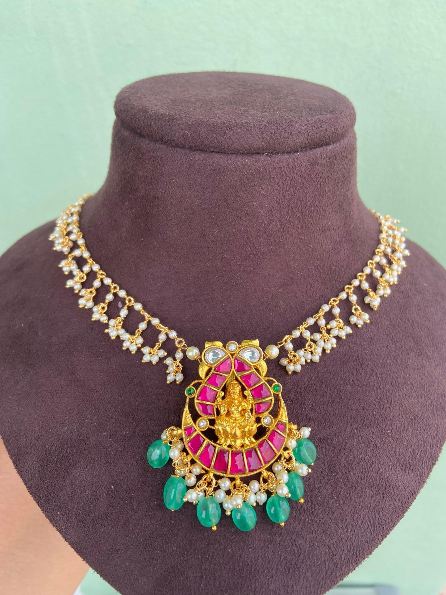 Full of pearls half moon lakshmi peacock real kundan necklace - Alluring Accessories