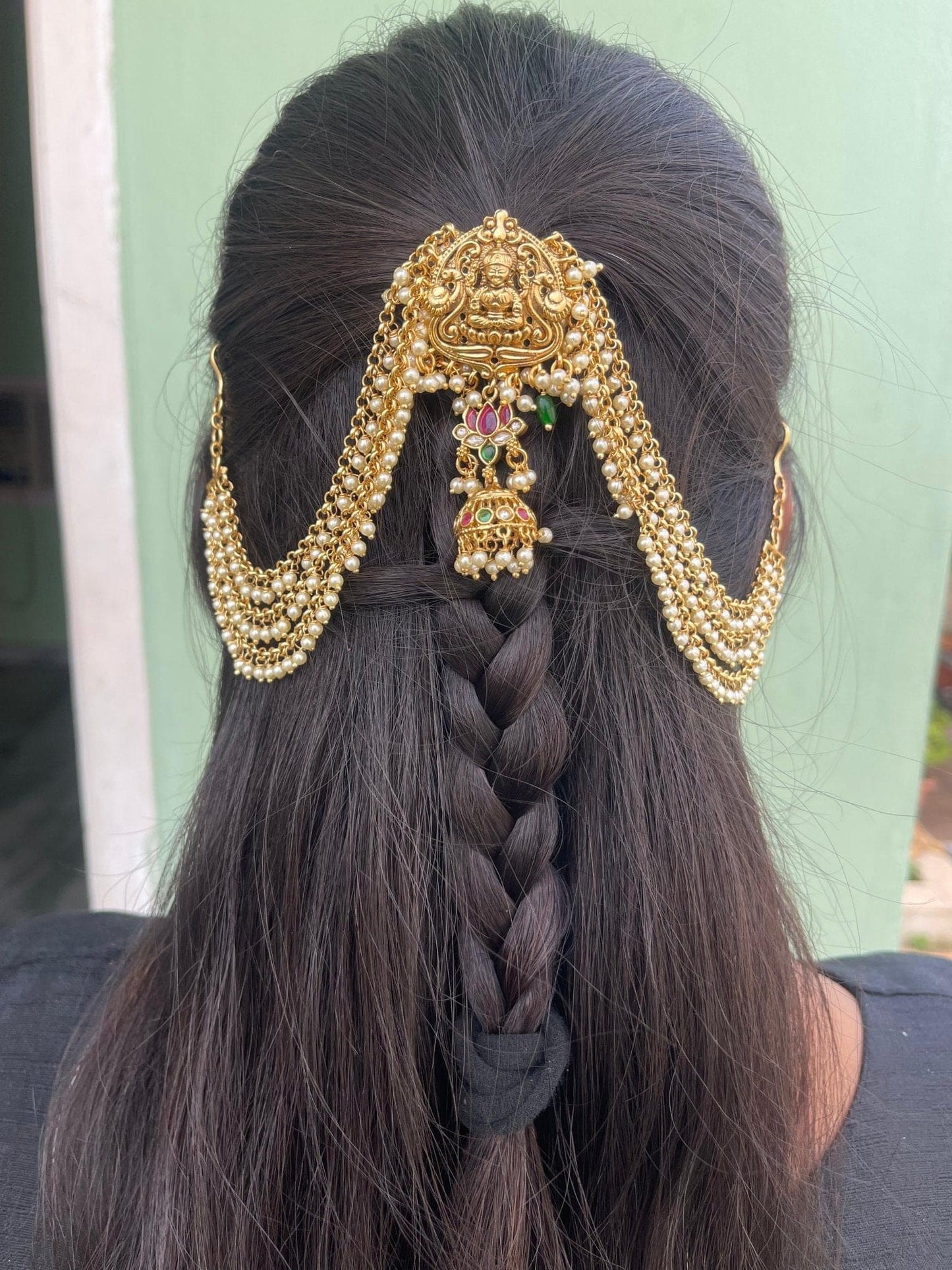 Gold plated Lakshmi devi real kundan lotus hair pin with hair strings - Alluring Accessories