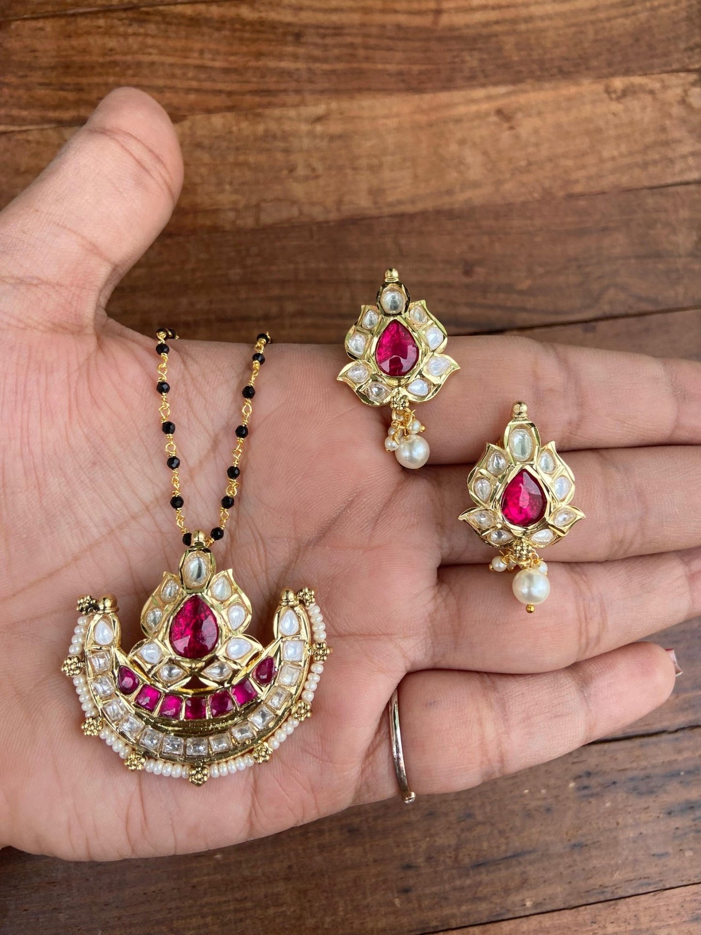 Half moon uncut diamond locket combo / black beads - Alluring Accessories