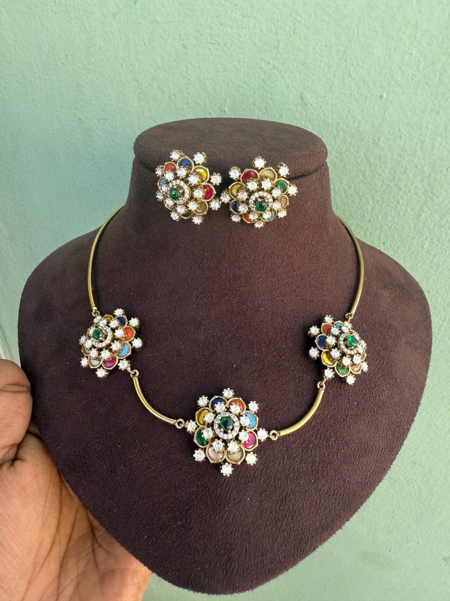 Indowestern navaratan three round necklace - Alluring Accessories