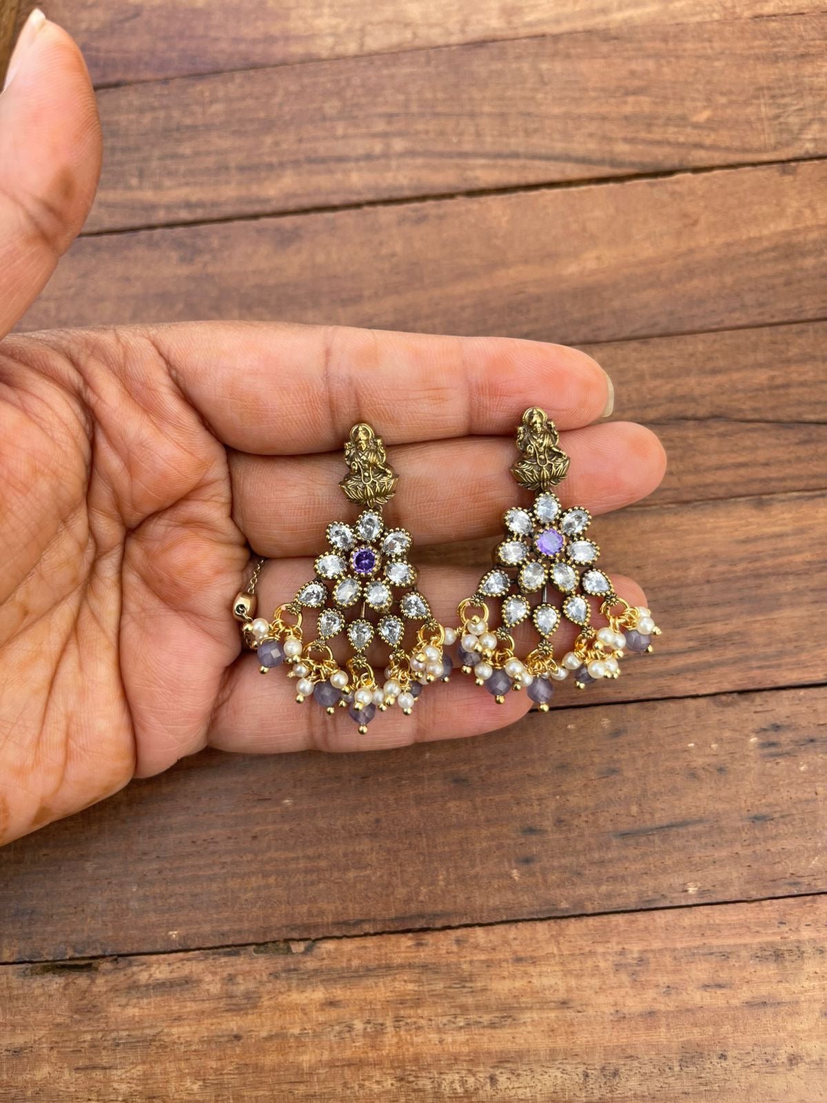 Lakshmi devi flower moissanite purple chandbali earrings - Alluring Accessories