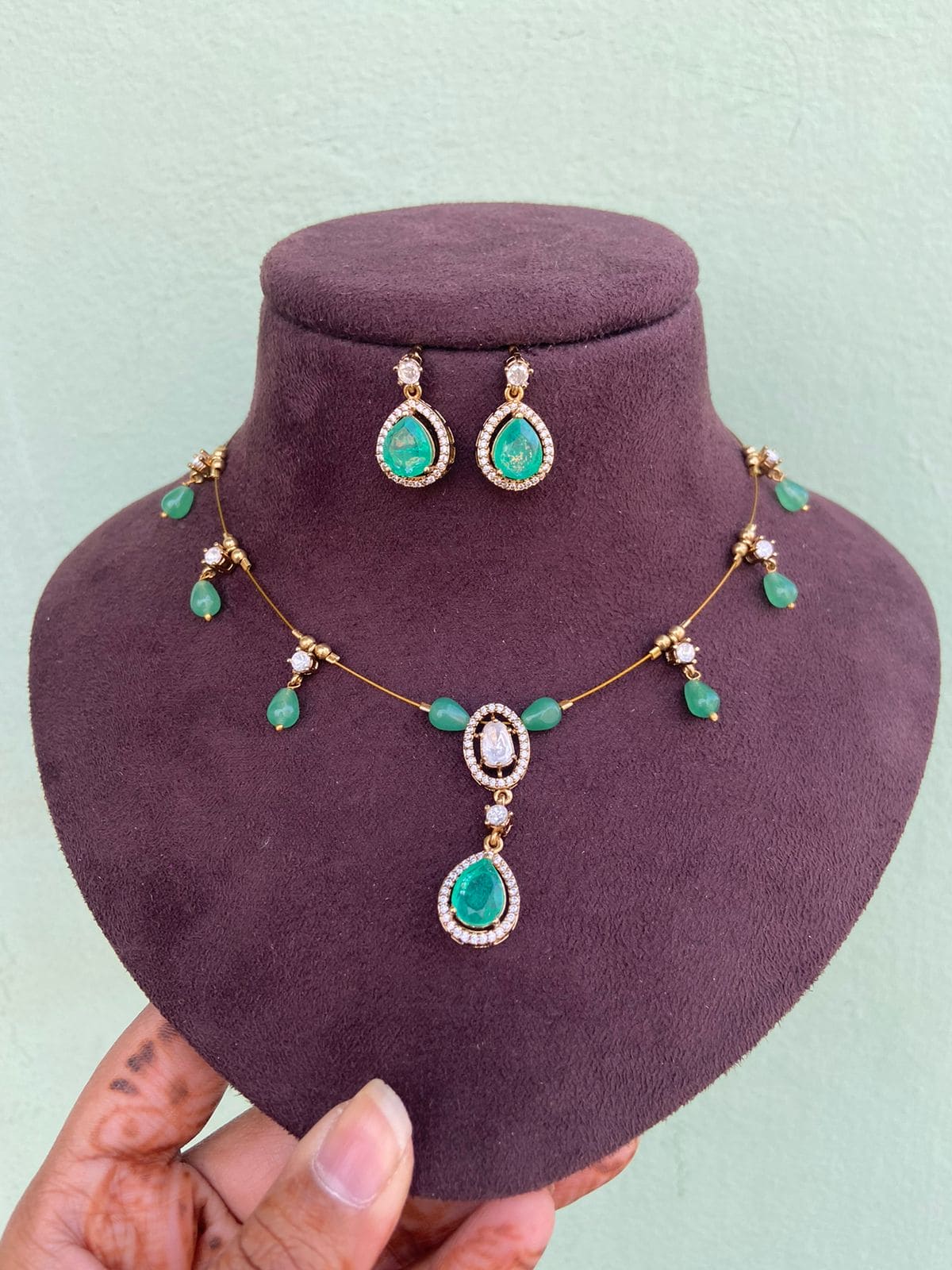Moossanite green drop stylish invisible necklace with earrings - Alluring Accessories